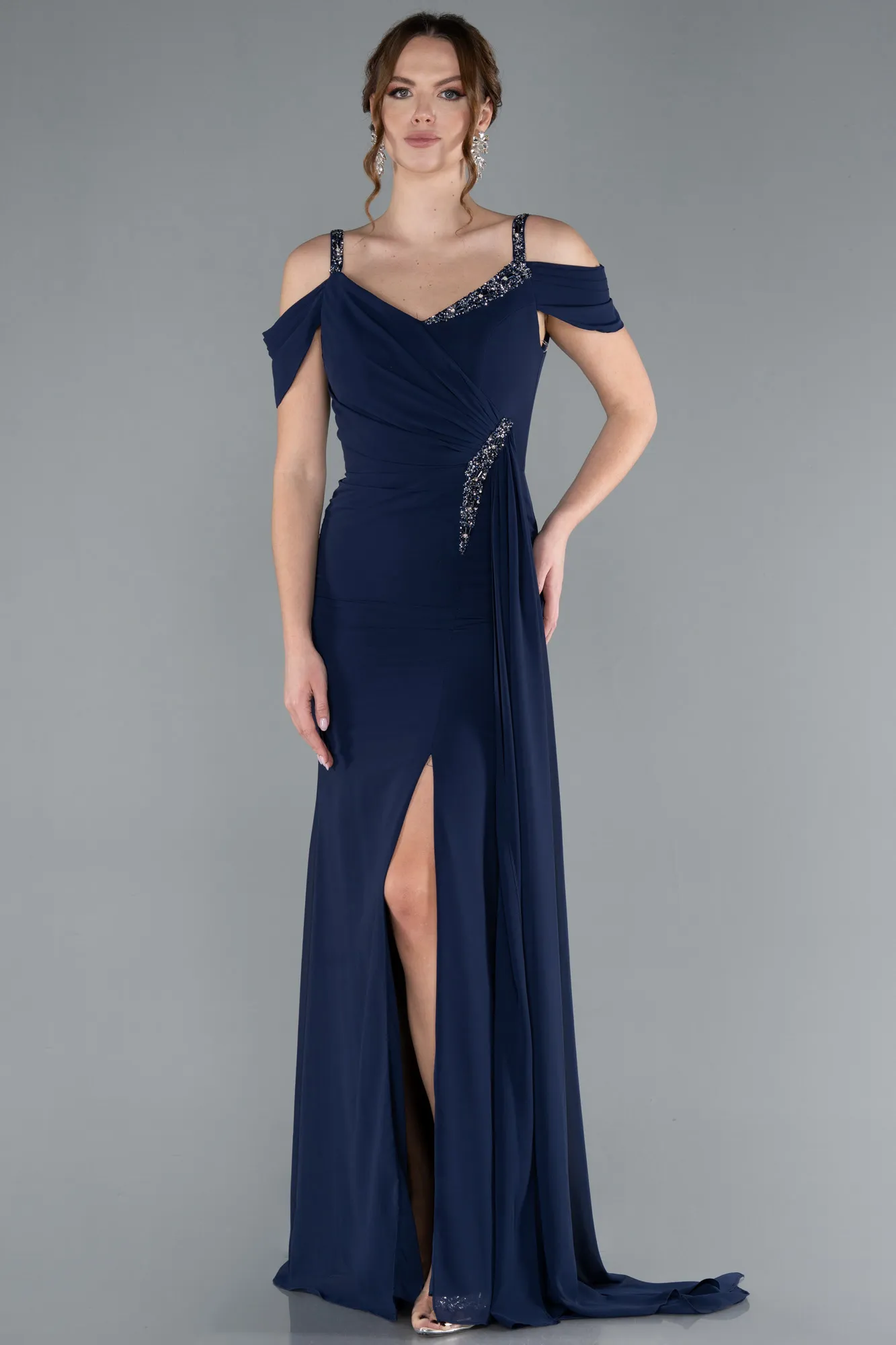 Navy Blue-Slit Tail Long Chiffon Evening Dress ABU4767