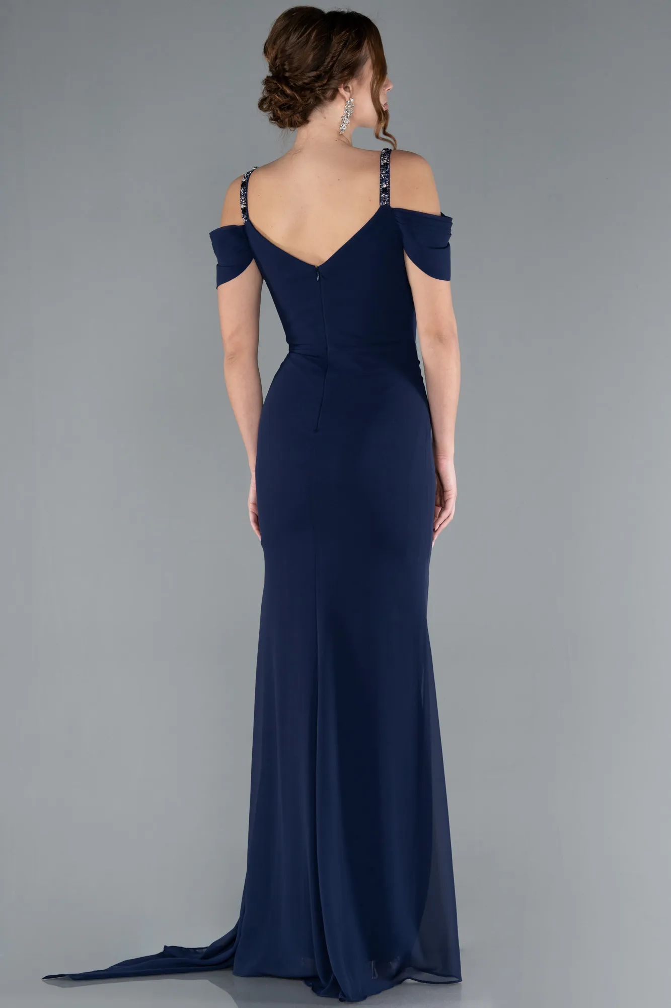 Navy Blue-Slit Tail Long Chiffon Evening Dress ABU4767