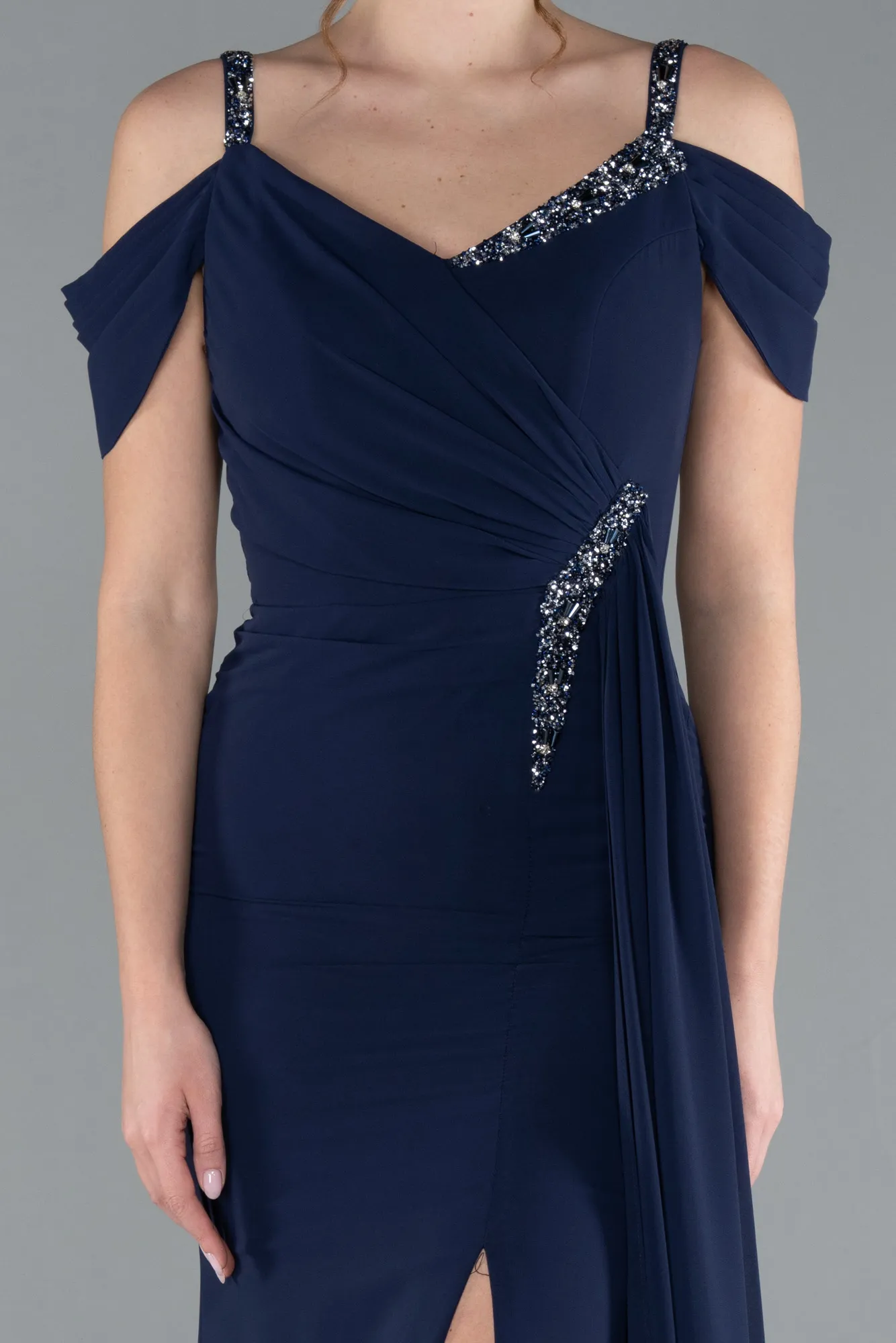 Navy Blue-Slit Tail Long Chiffon Evening Dress ABU4767