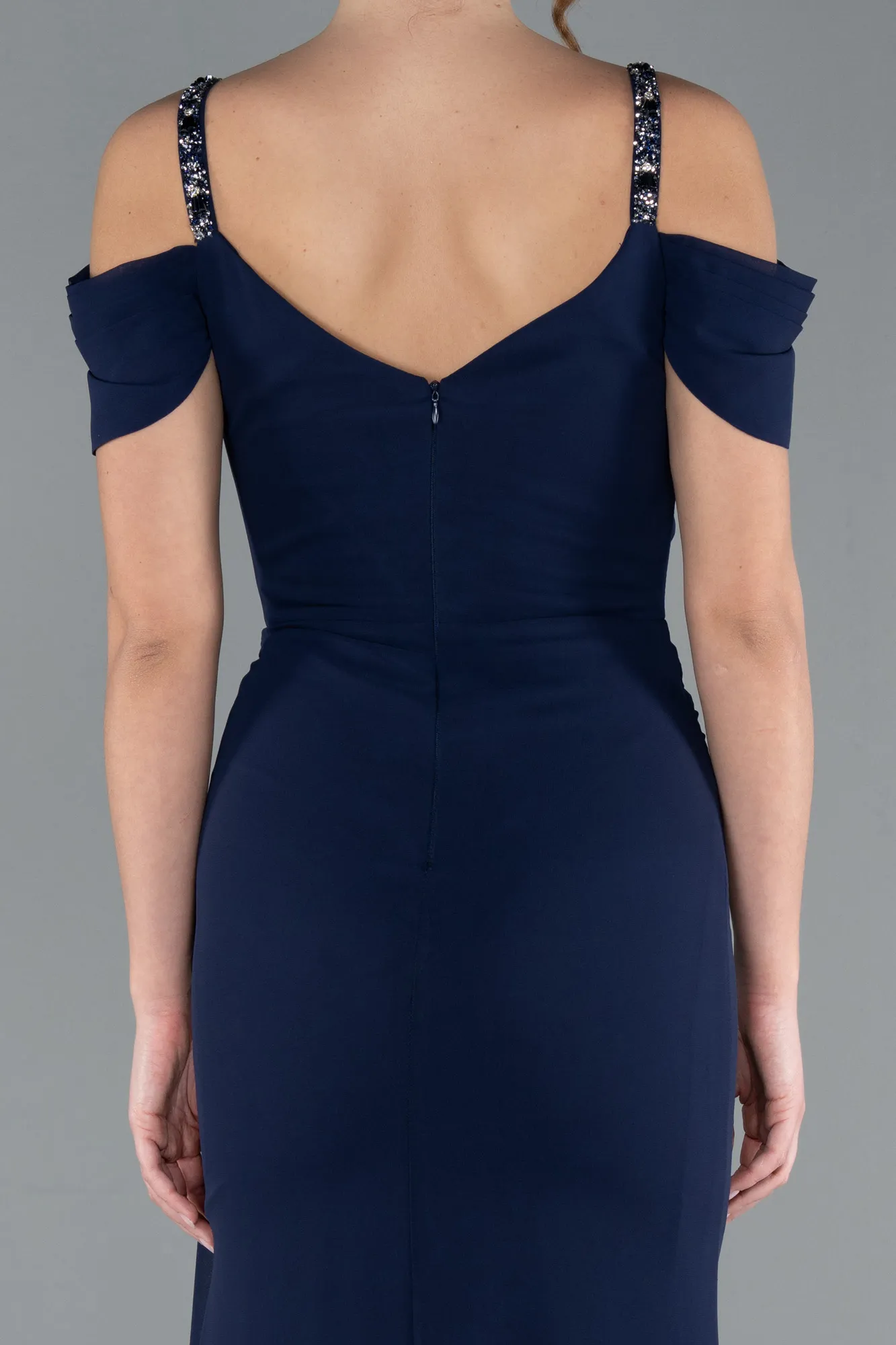 Navy Blue-Slit Tail Long Chiffon Evening Dress ABU4767