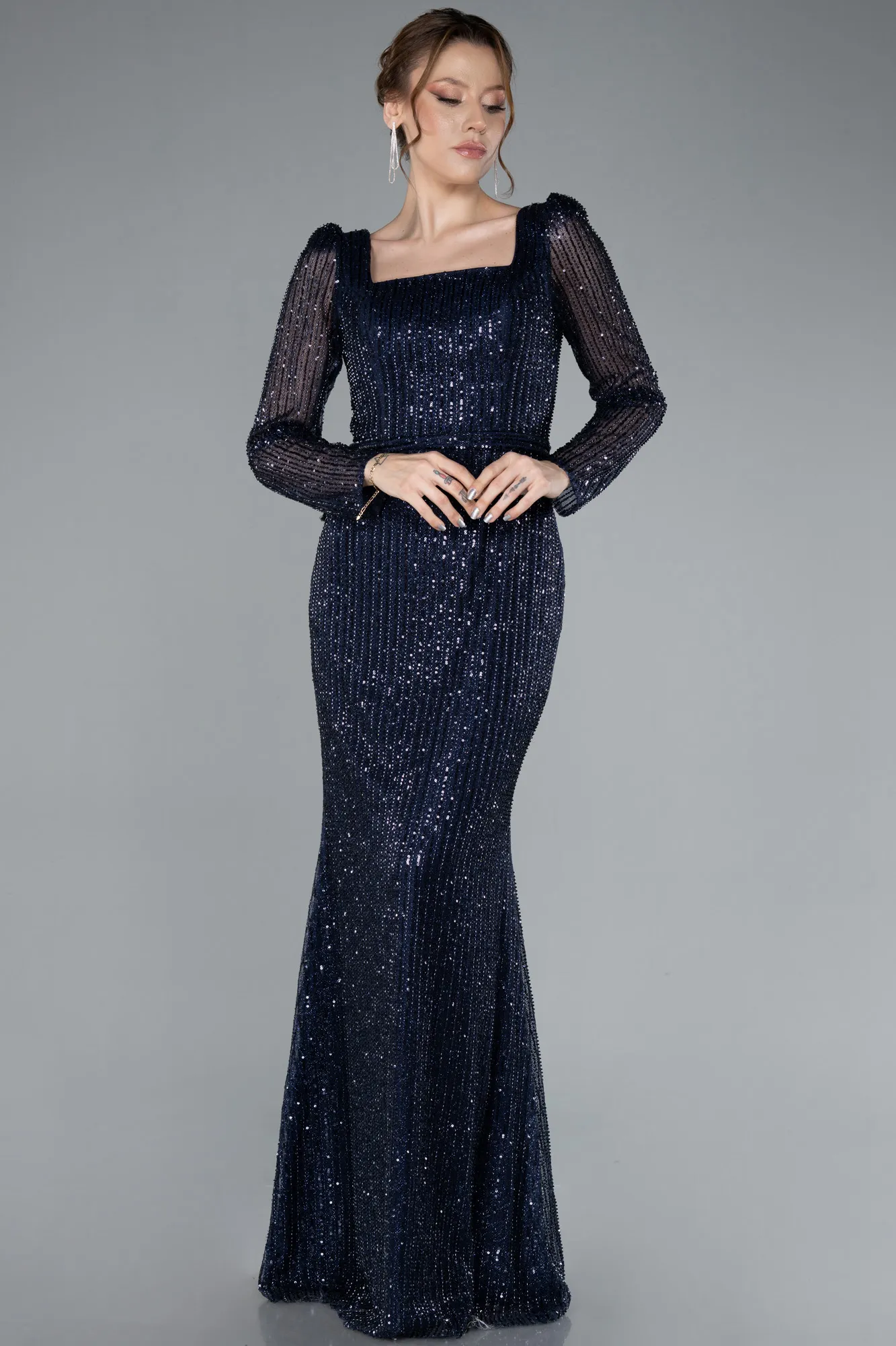 Navy Blue-Square Neck Beaded Long Evening Gown ABU4804