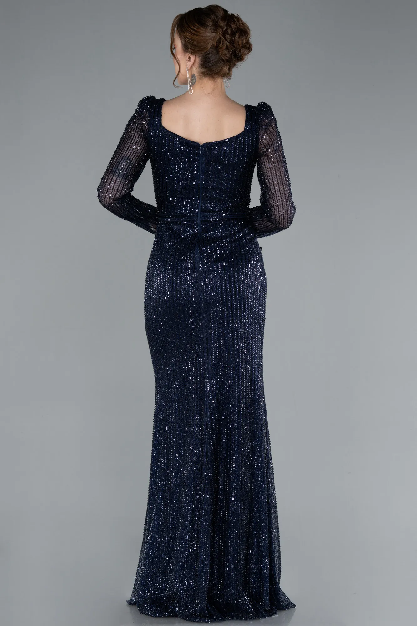 Navy Blue-Square Neck Beaded Long Evening Gown ABU4804