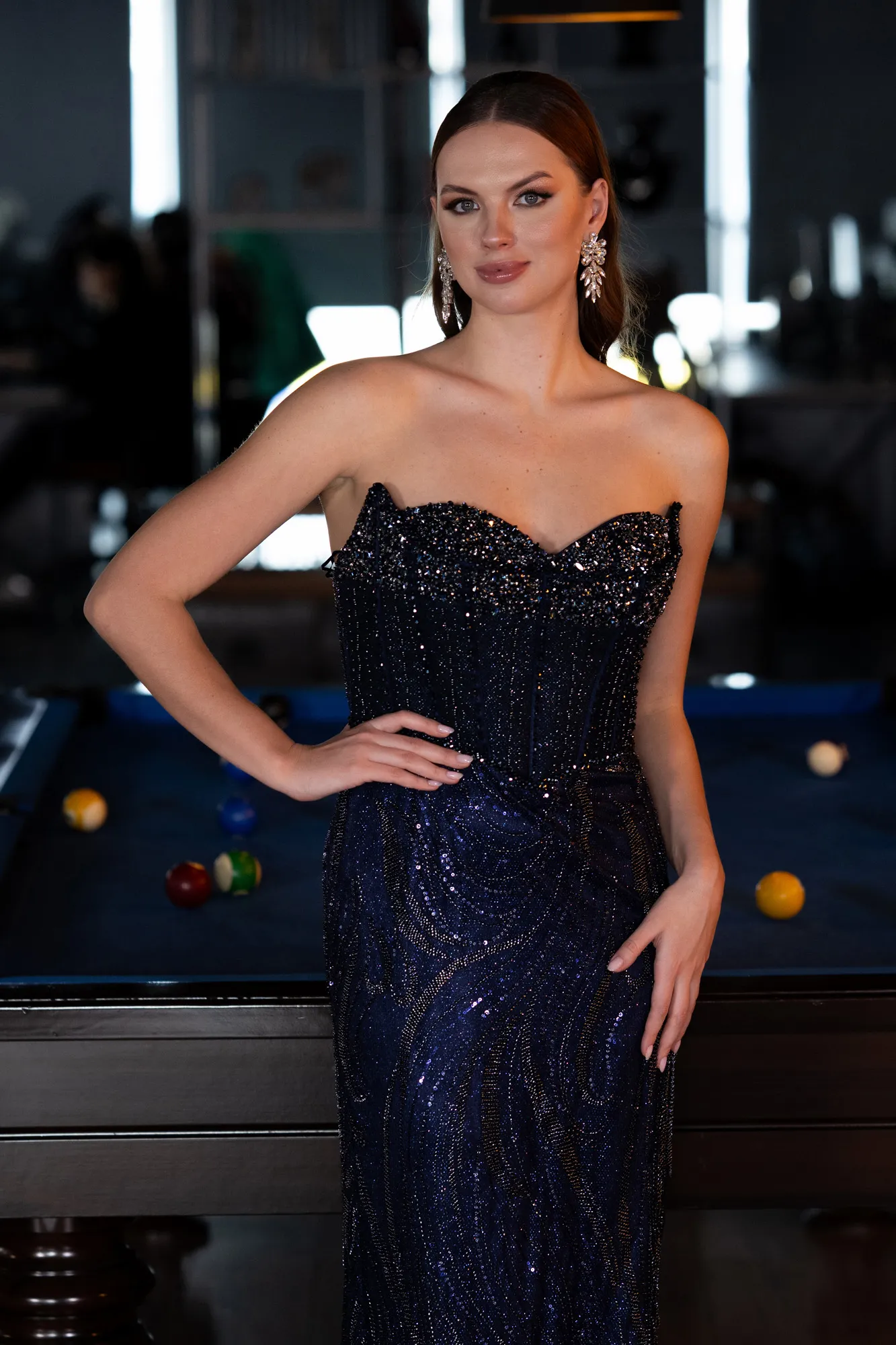 Navy Blue-Stone Embellished Strapless Long Designer Mermaid Evening Gown ABU4771