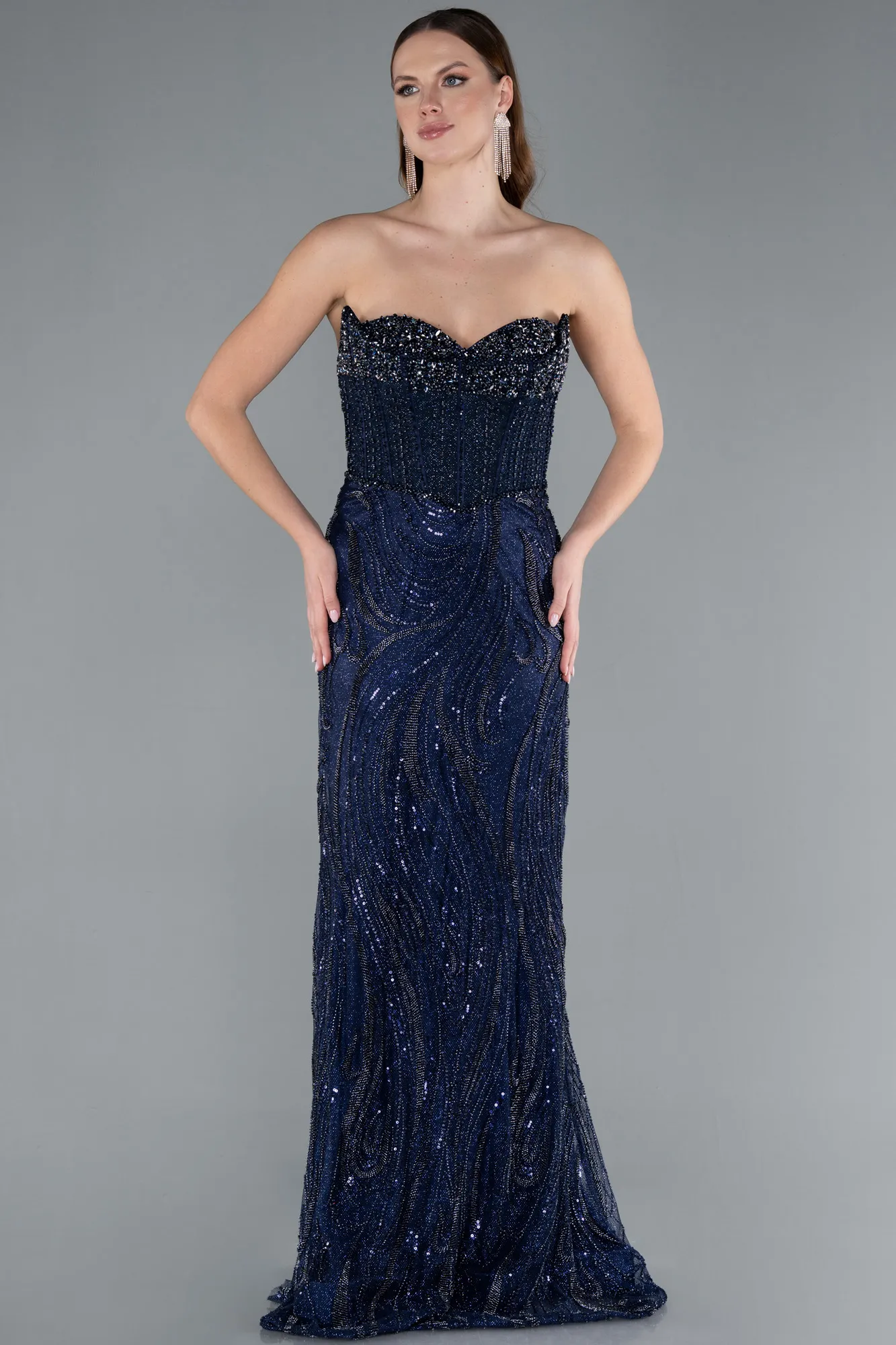 Navy Blue-Stone Embellished Strapless Long Designer Mermaid Evening Gown ABU4771