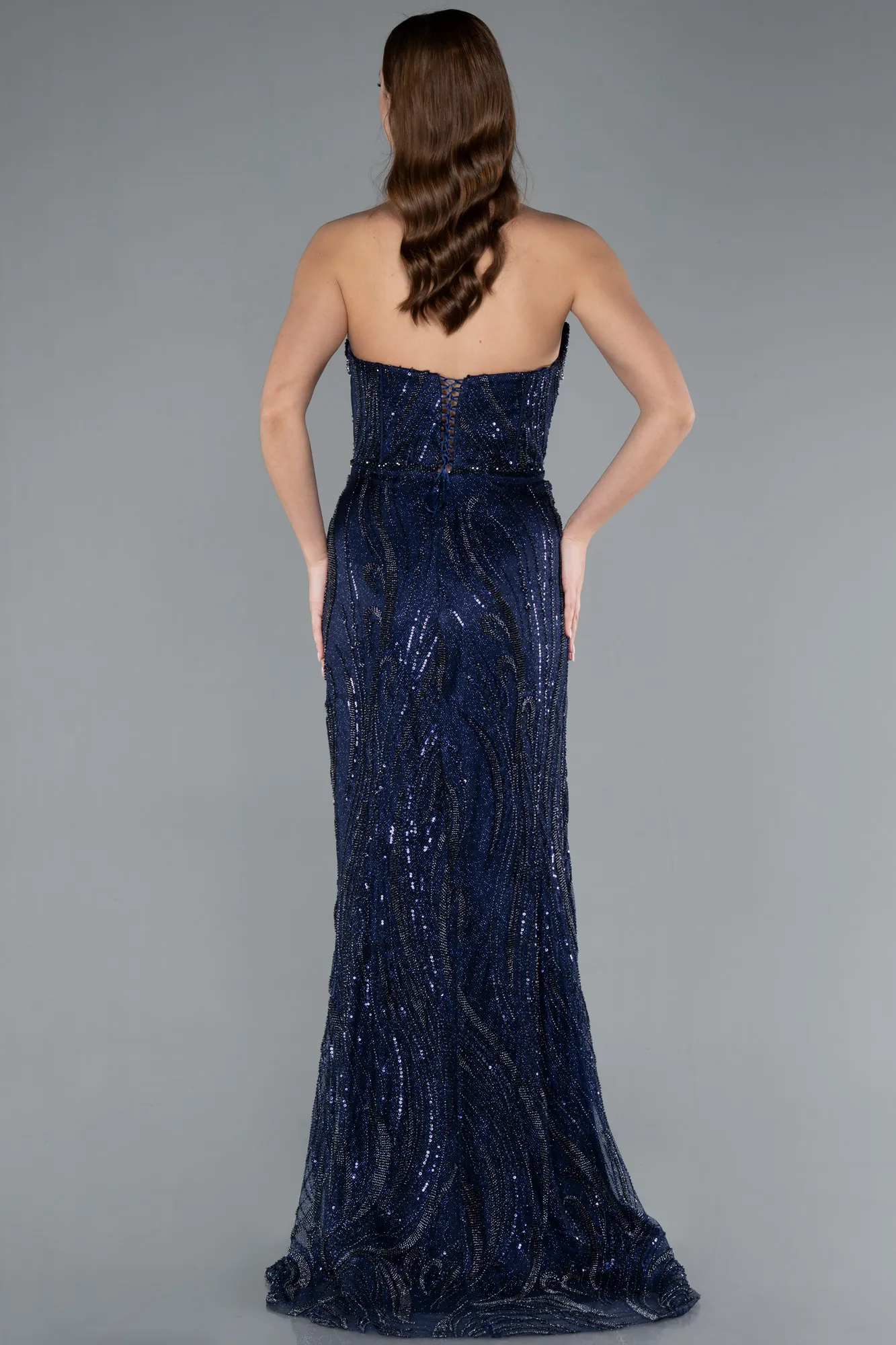 Navy Blue-Stone Embellished Strapless Long Designer Mermaid Evening Gown ABU4771