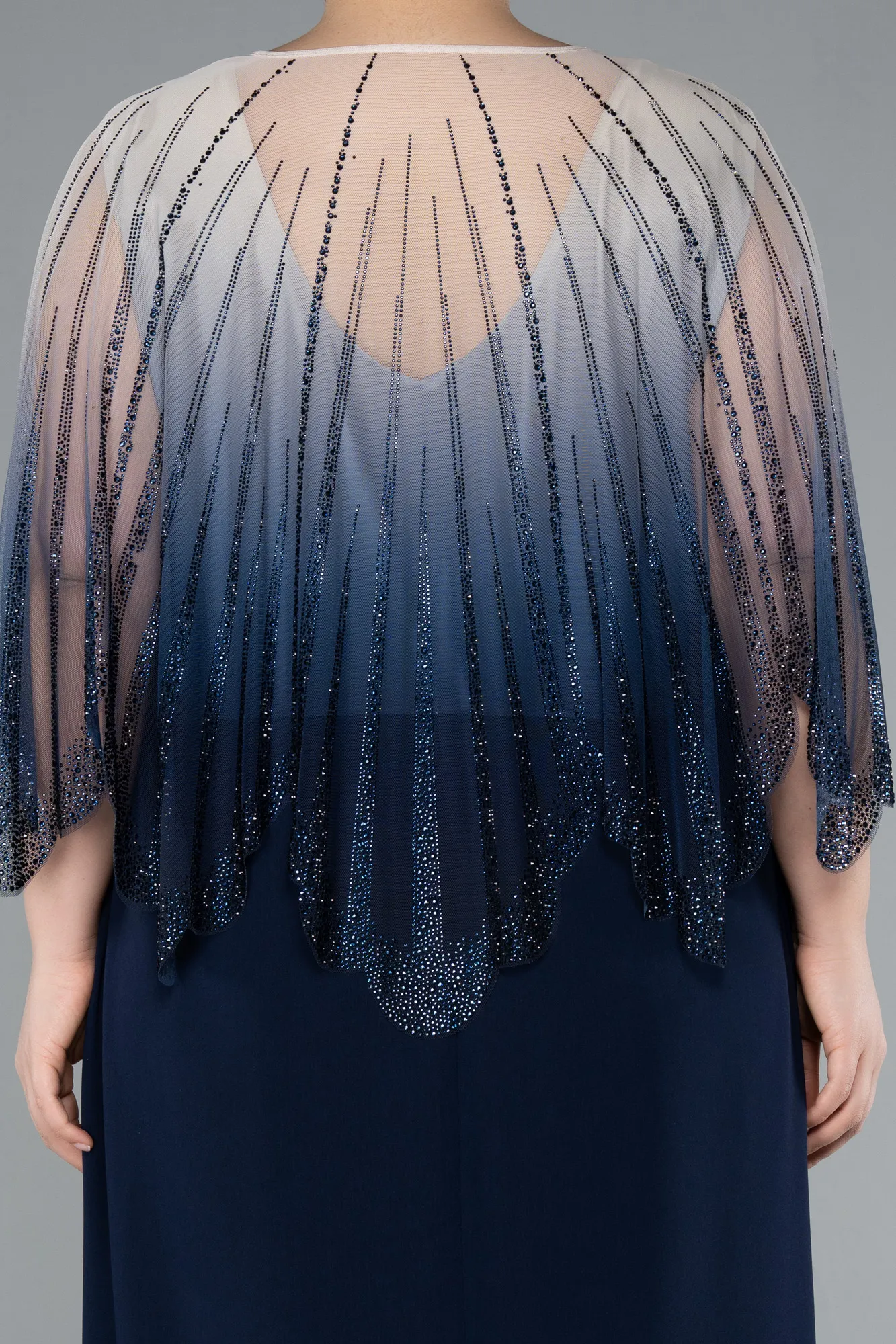 Navy Blue-Stone Shawl Detailed Two Piece Long Chiffon Plus Size Evening Gown ABU4820