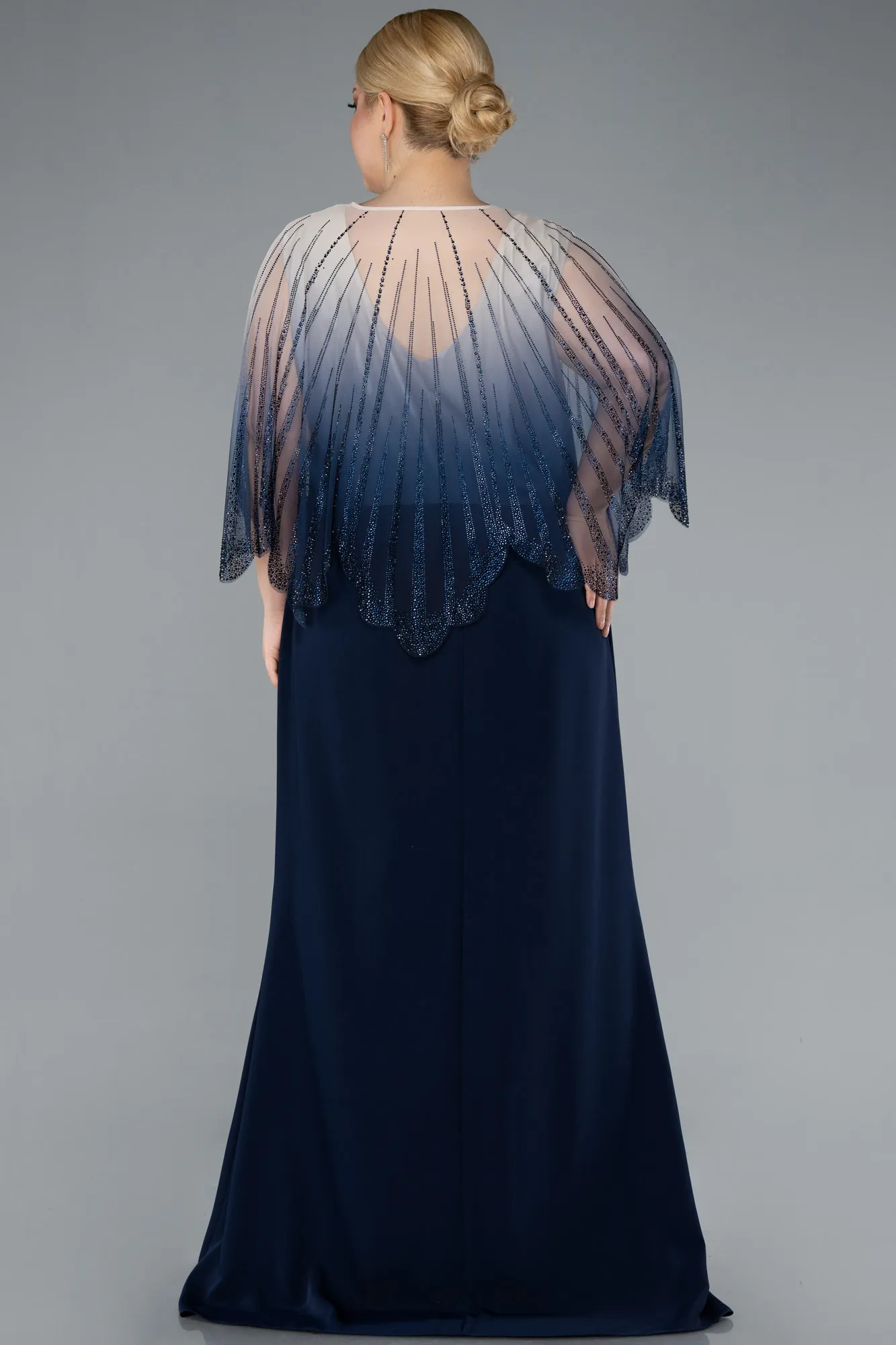 Navy Blue-Stone Shawl Detailed Two Piece Long Chiffon Plus Size Evening Gown ABU4820