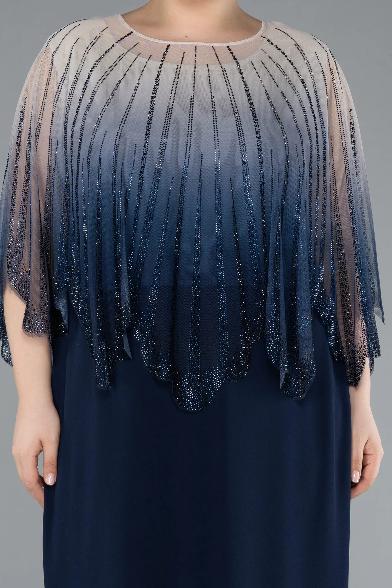 Navy Blue-Stone Shawl Detailed Two Piece Long Chiffon Plus Size Evening Gown ABU4820