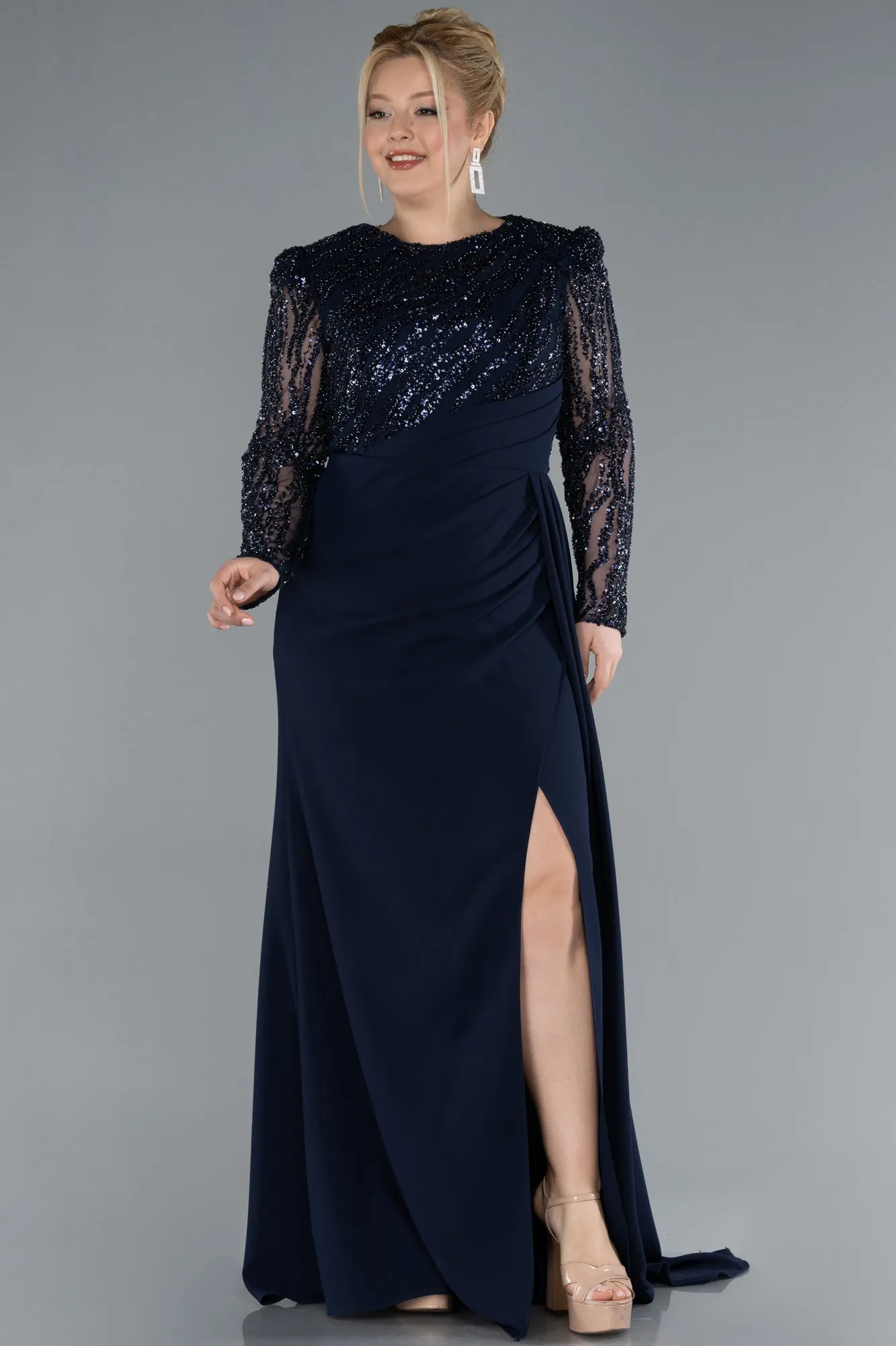 Navy Blue-Stoned Long Sleeve Slit Plus Size Evening Gown ABU4311
