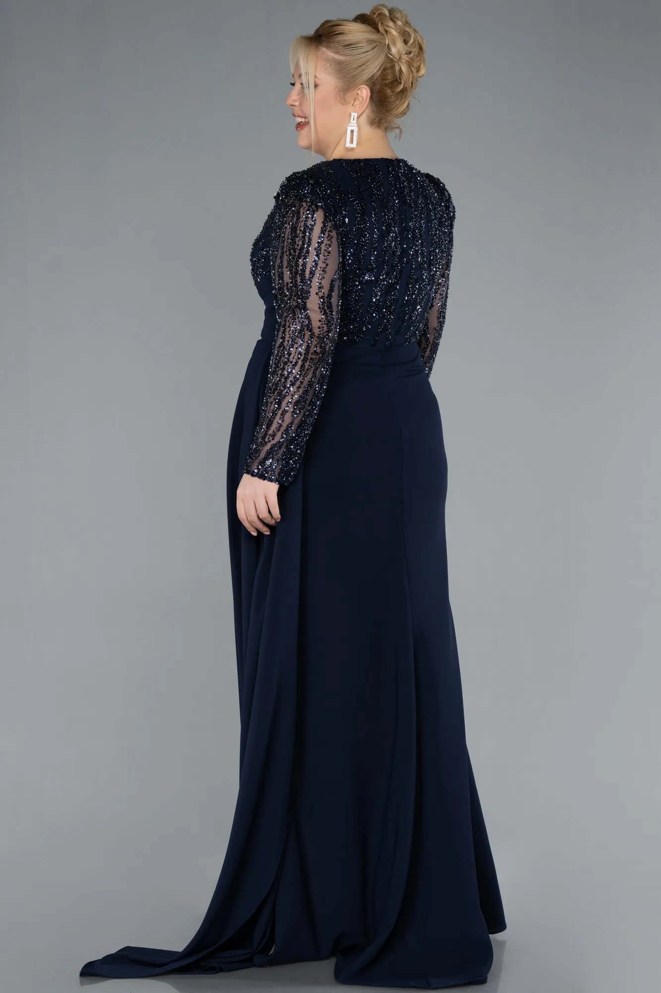 Navy Blue-Stoned Long Sleeve Slit Plus Size Evening Gown ABU4311