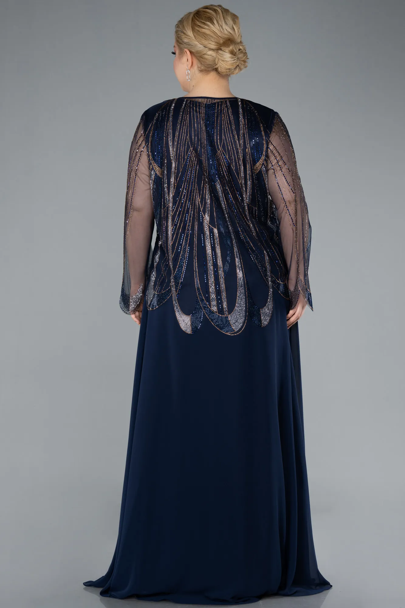 Navy Blue-Stoned Long Sleeve Two Piece Plus Size Evening Dress ABU4839