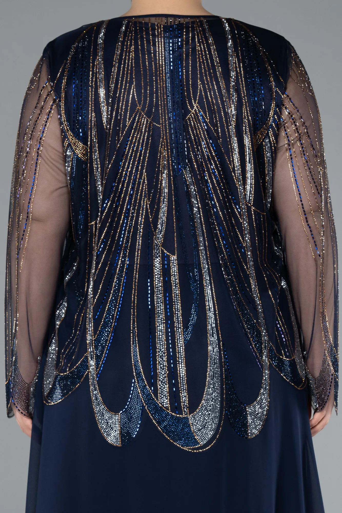 Navy Blue-Stoned Long Sleeve Two Piece Plus Size Evening Dress ABU4839