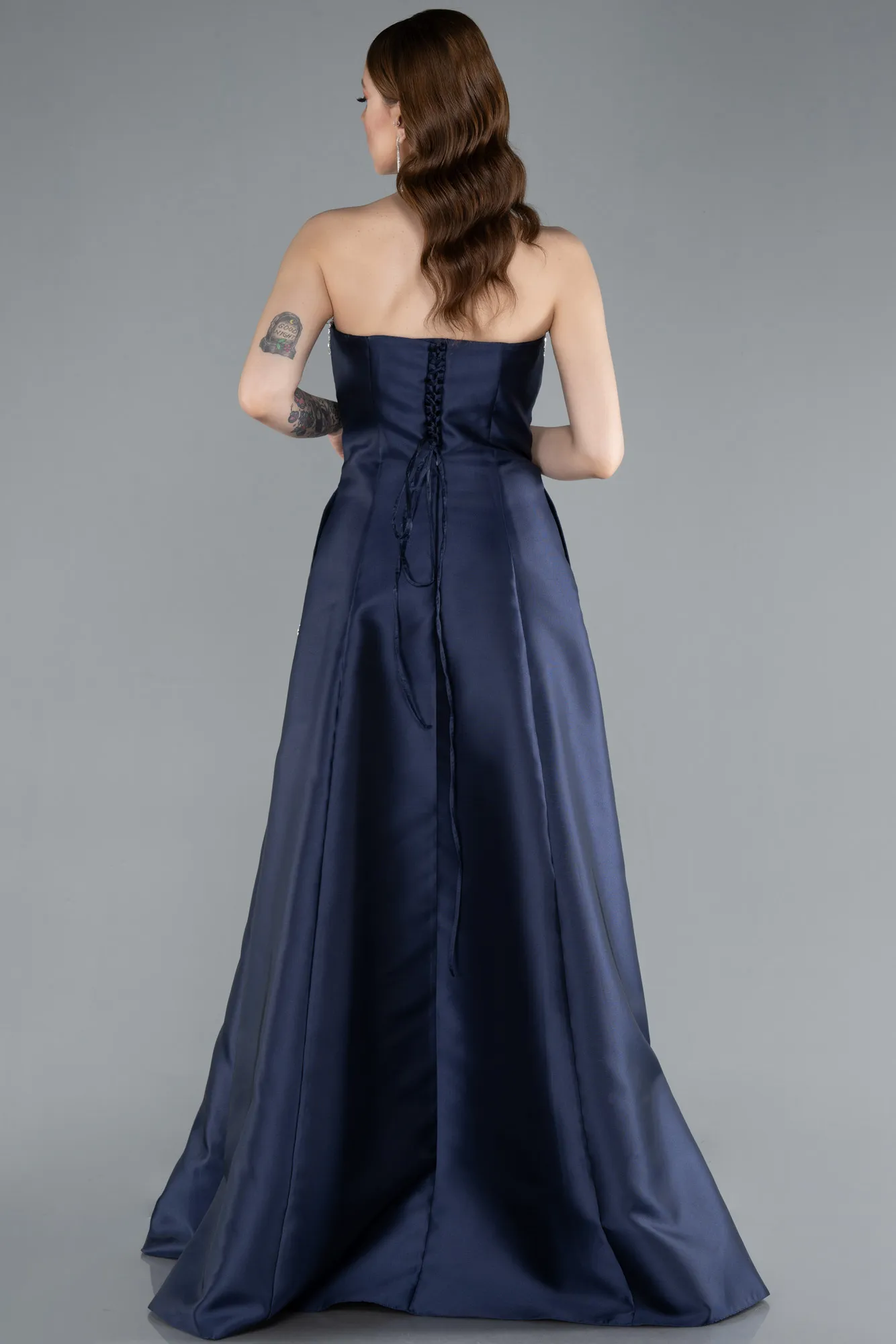 Navy Blue-Stoned Strapless Long Taffeta Evening Dress ABU4743