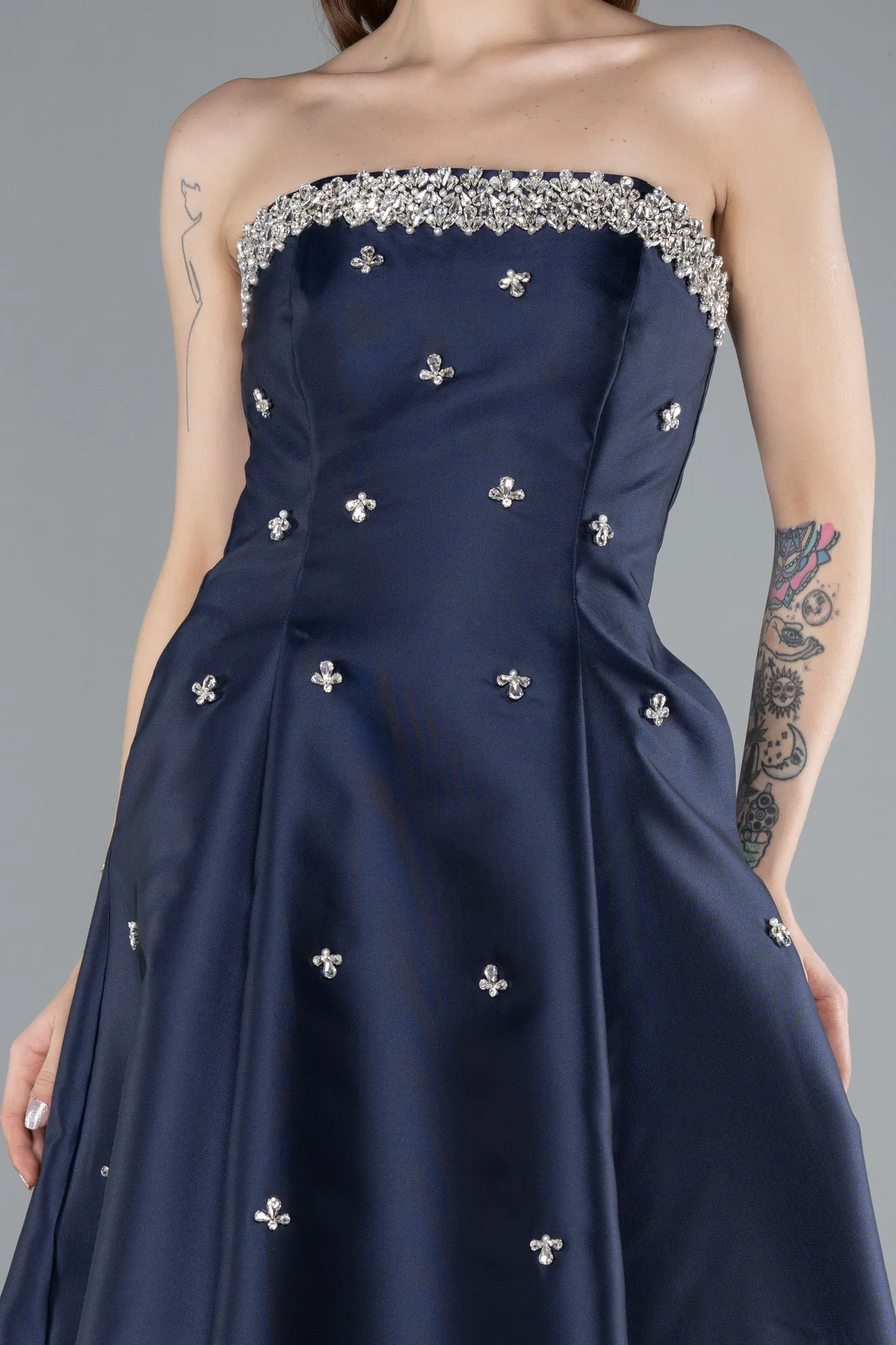 Navy Blue-Stoned Strapless Long Taffeta Evening Dress ABU4743