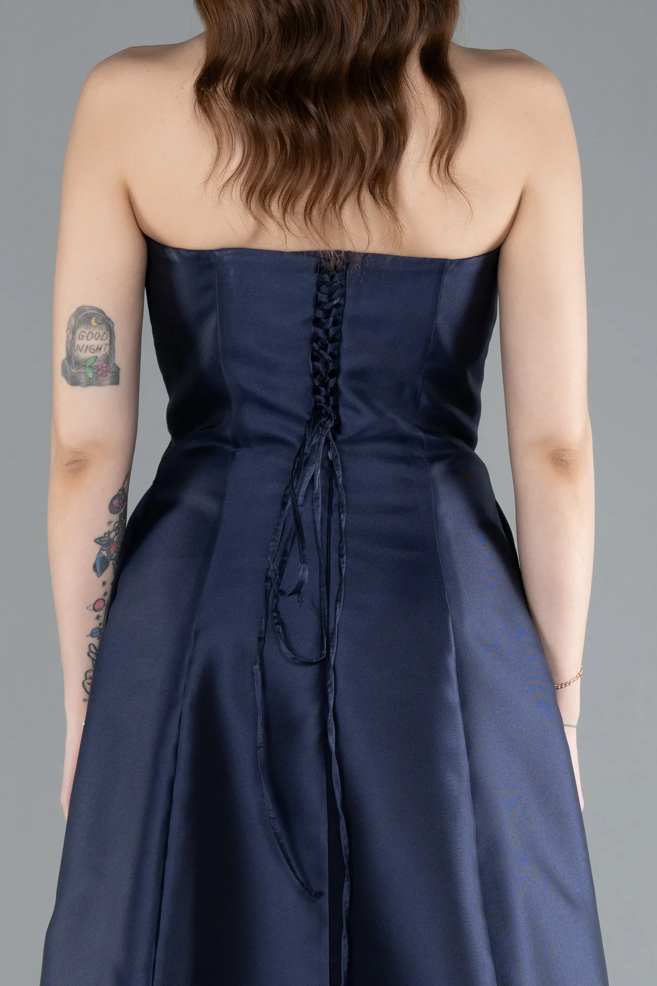 Navy Blue-Stoned Strapless Long Taffeta Evening Dress ABU4743