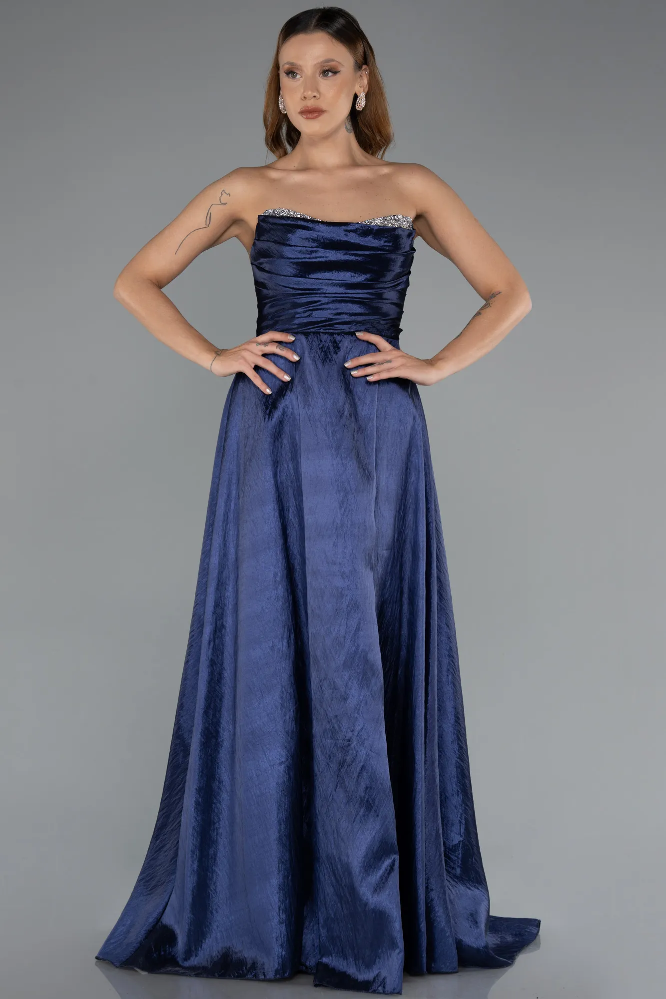Navy Blue-Stoned Strapless Long Taffeta Evening Gown ABU4579