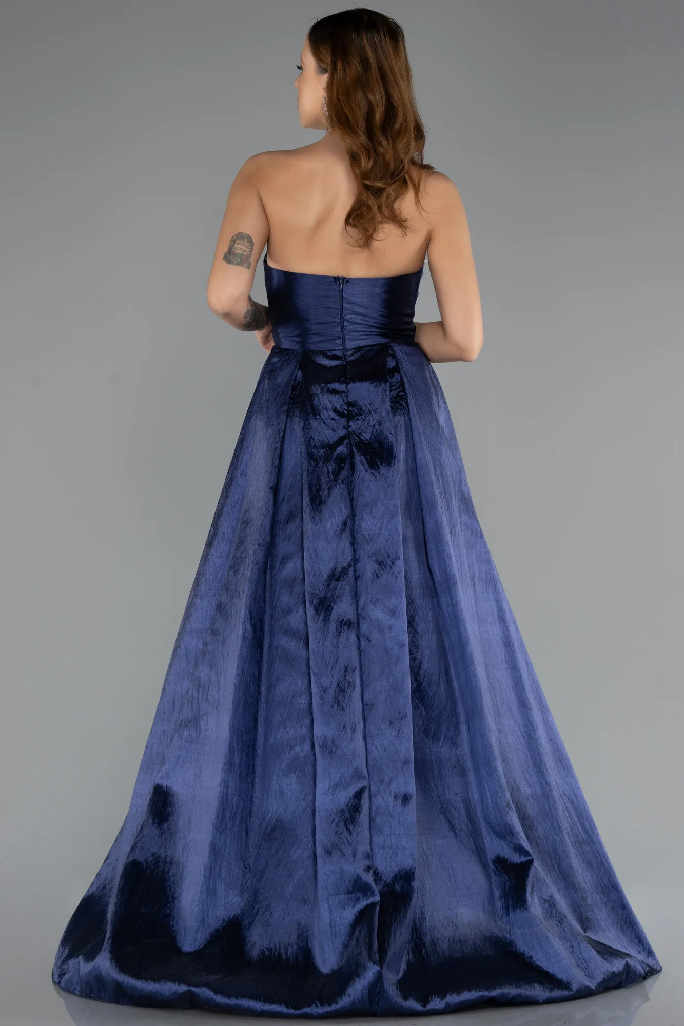 Navy Blue-Stoned Strapless Long Taffeta Evening Gown ABU4579