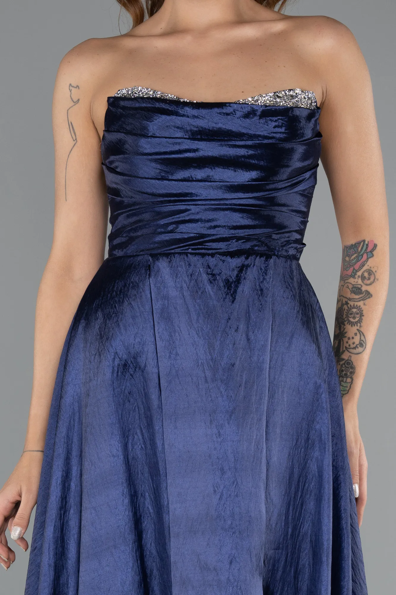 Navy Blue-Stoned Strapless Long Taffeta Evening Gown ABU4579