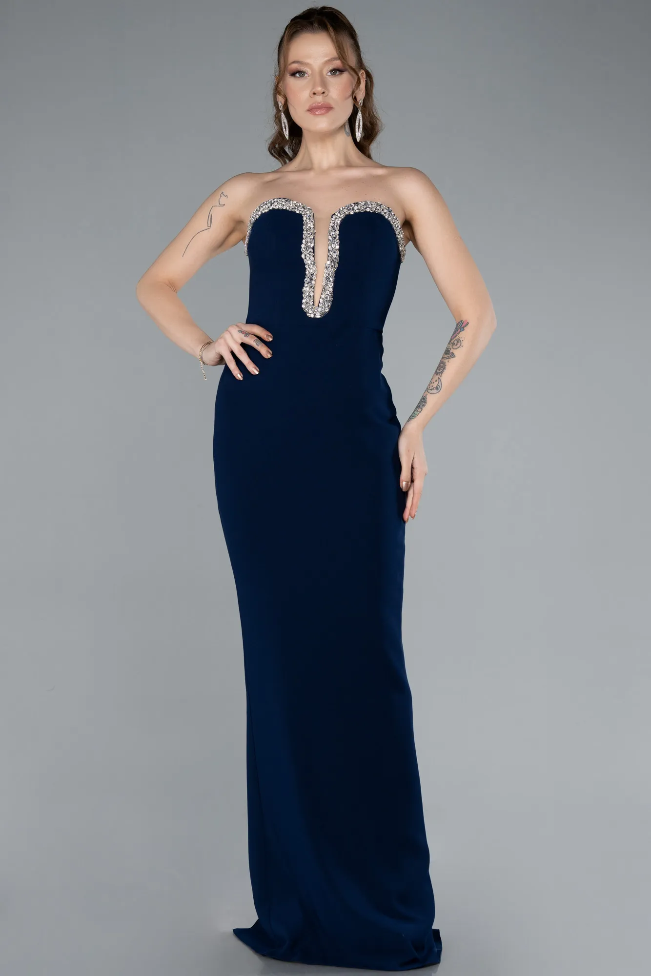 Navy Blue-Stoned Strapless Neck Long Mermaid Evening Gown ABU4687
