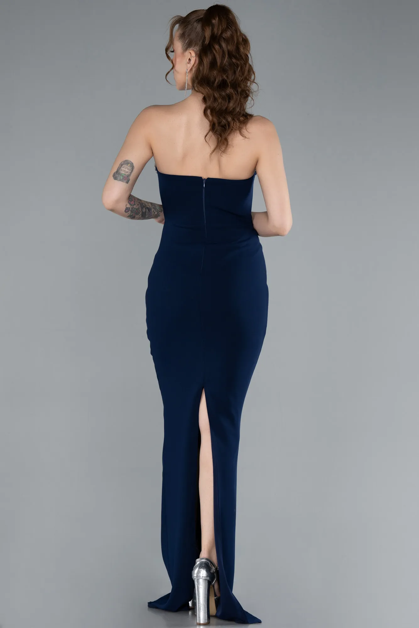 Navy Blue-Stoned Strapless Neck Long Mermaid Evening Gown ABU4687