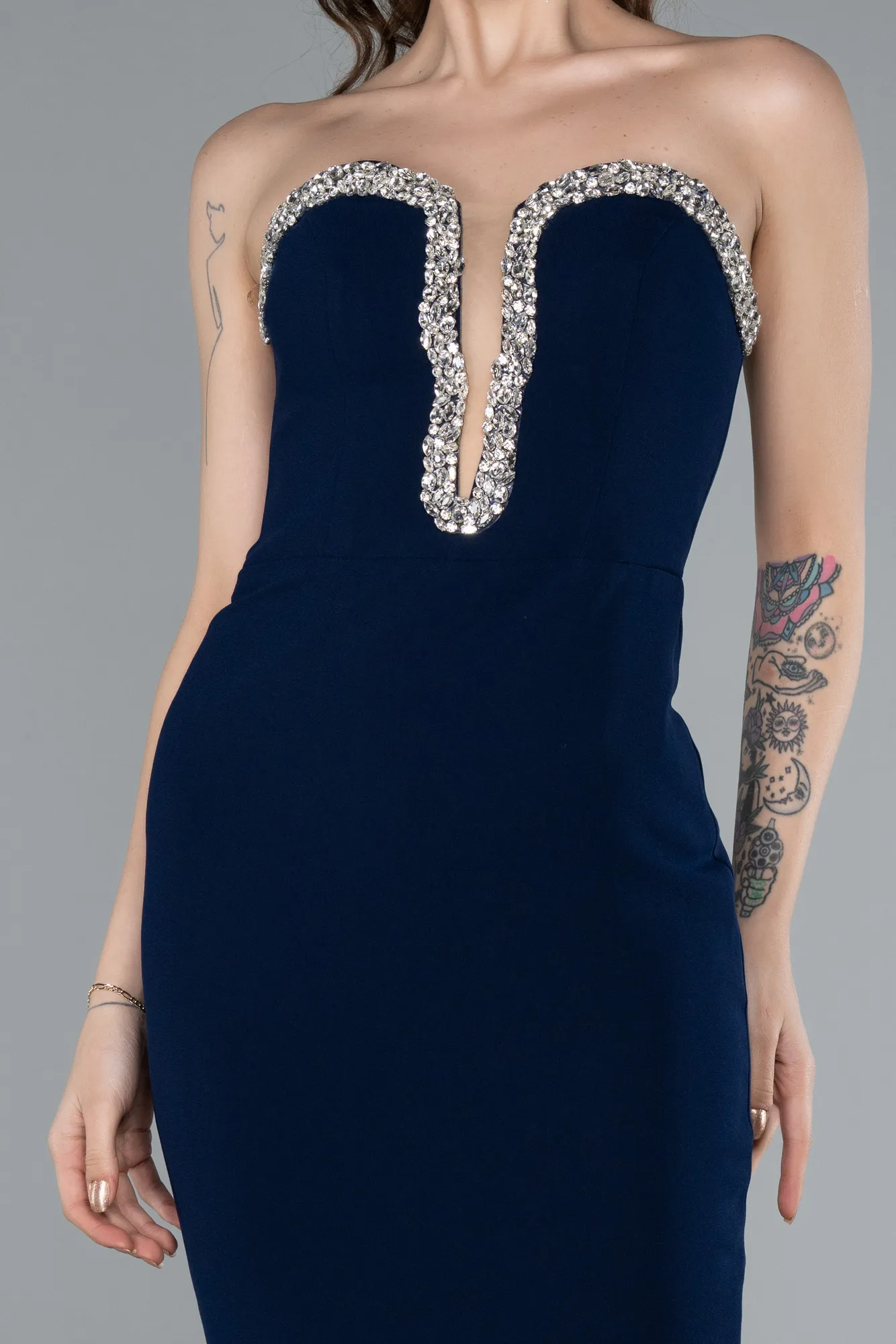 Navy Blue-Stoned Strapless Neck Long Mermaid Evening Gown ABU4687