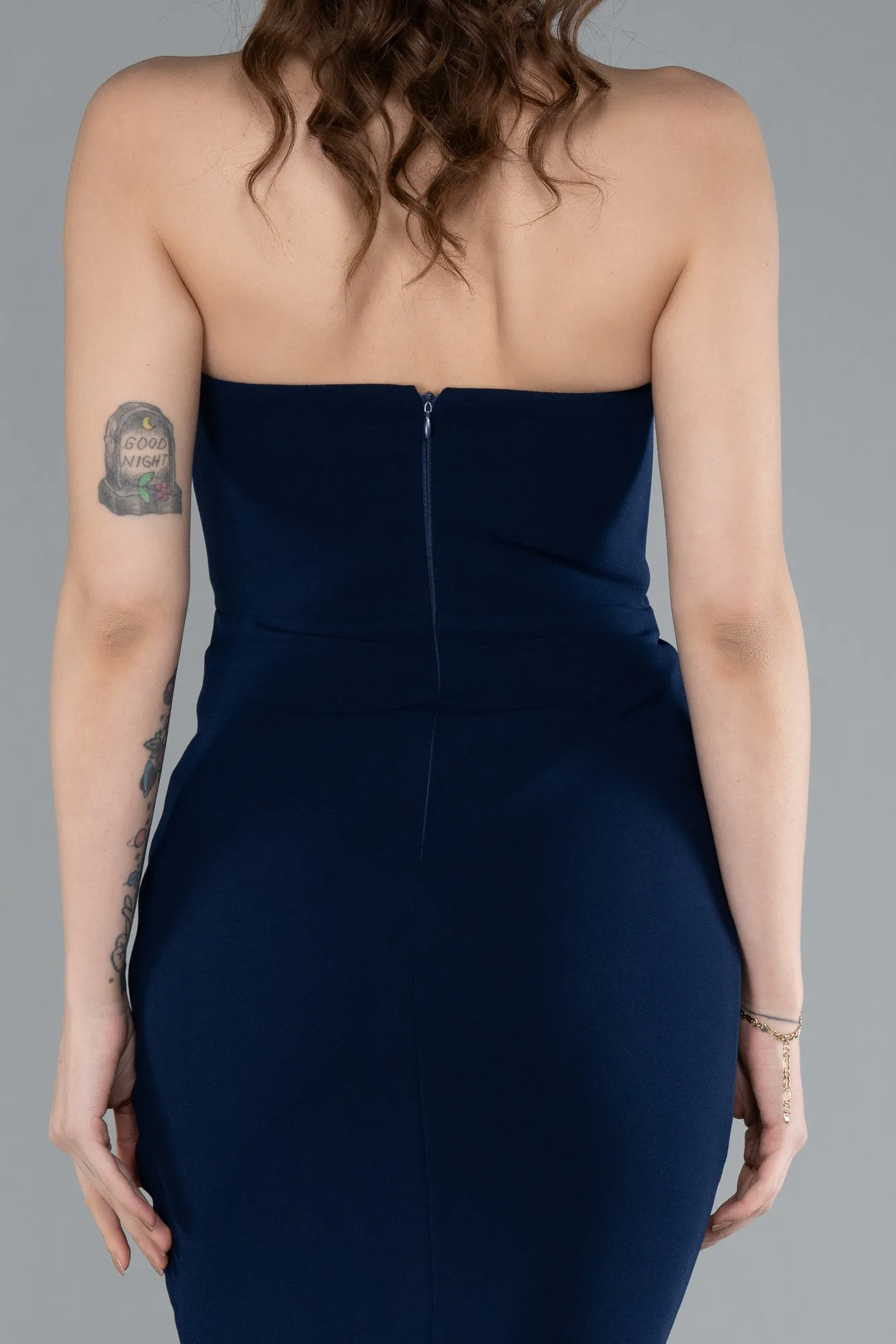 Navy Blue-Stoned Strapless Neck Long Mermaid Evening Gown ABU4687