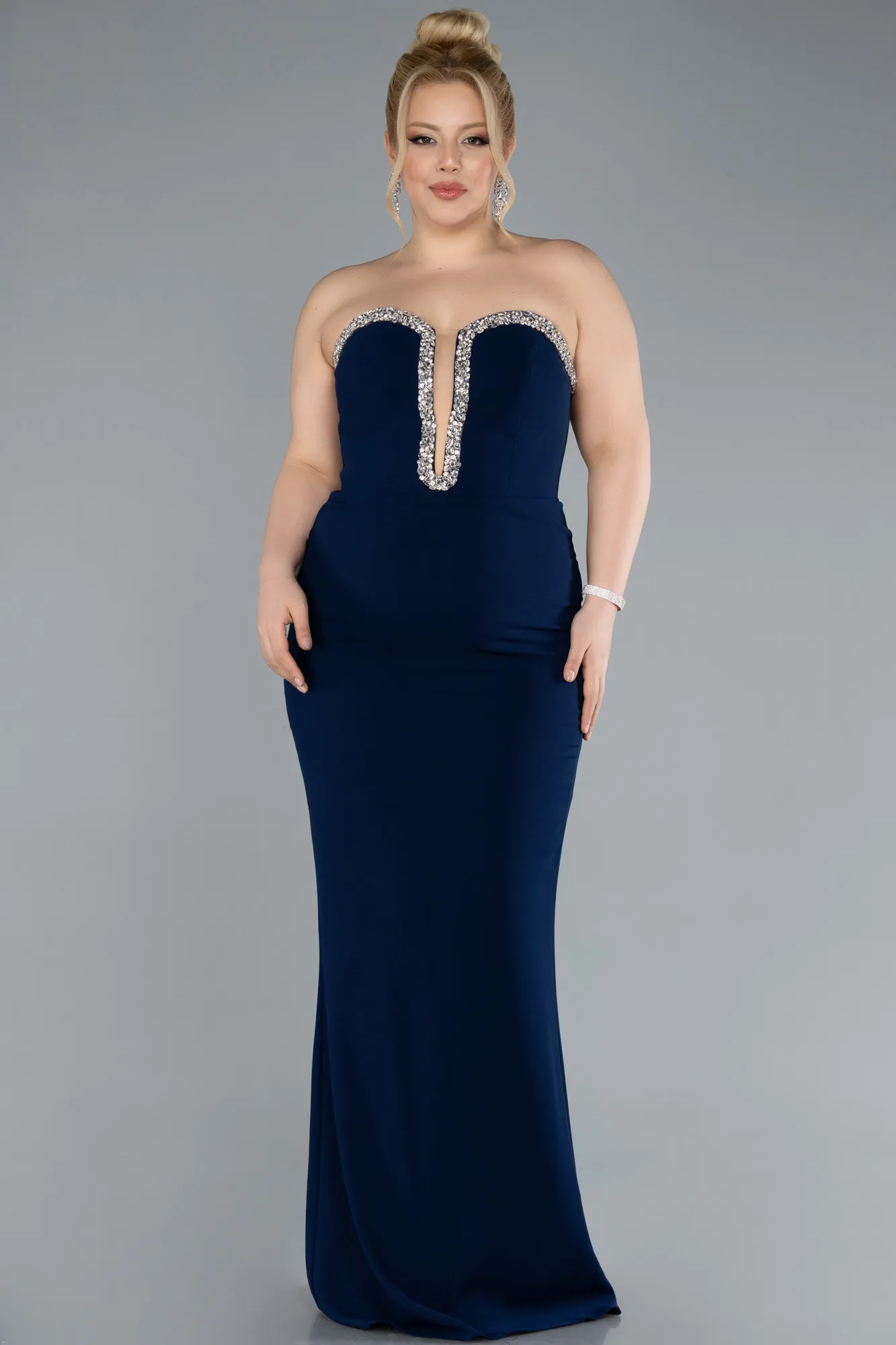 Navy Blue-Stoned Strapless Neck Long Plus Size Evening Gown ABU4688