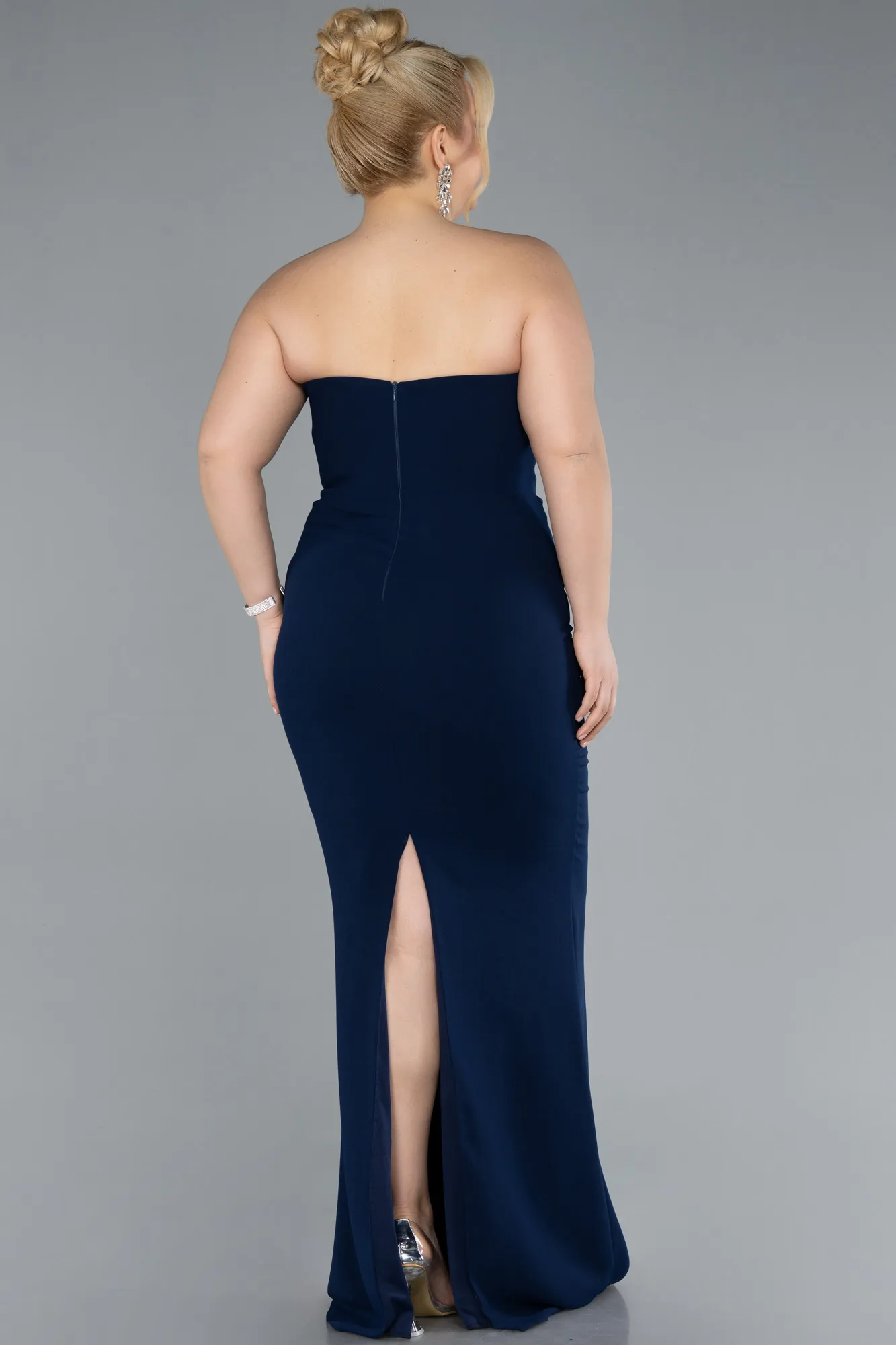 Navy Blue-Stoned Strapless Neck Long Plus Size Evening Gown ABU4688