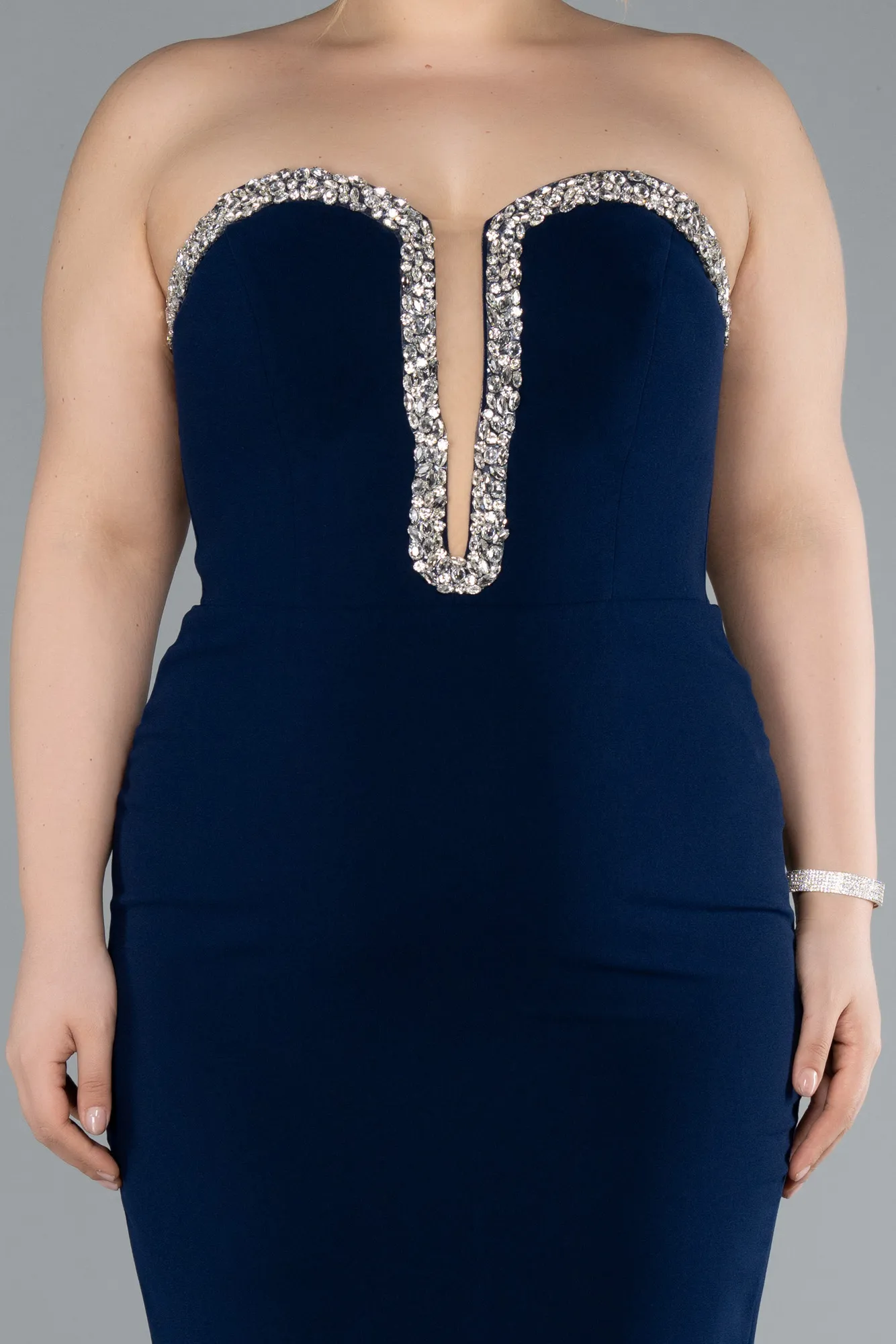 Navy Blue-Stoned Strapless Neck Long Plus Size Evening Gown ABU4688