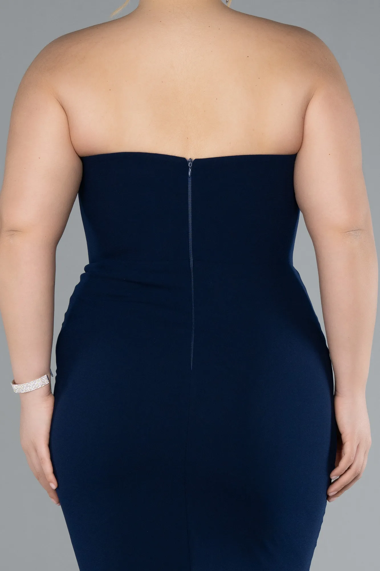 Navy Blue-Stoned Strapless Neck Long Plus Size Evening Gown ABU4688