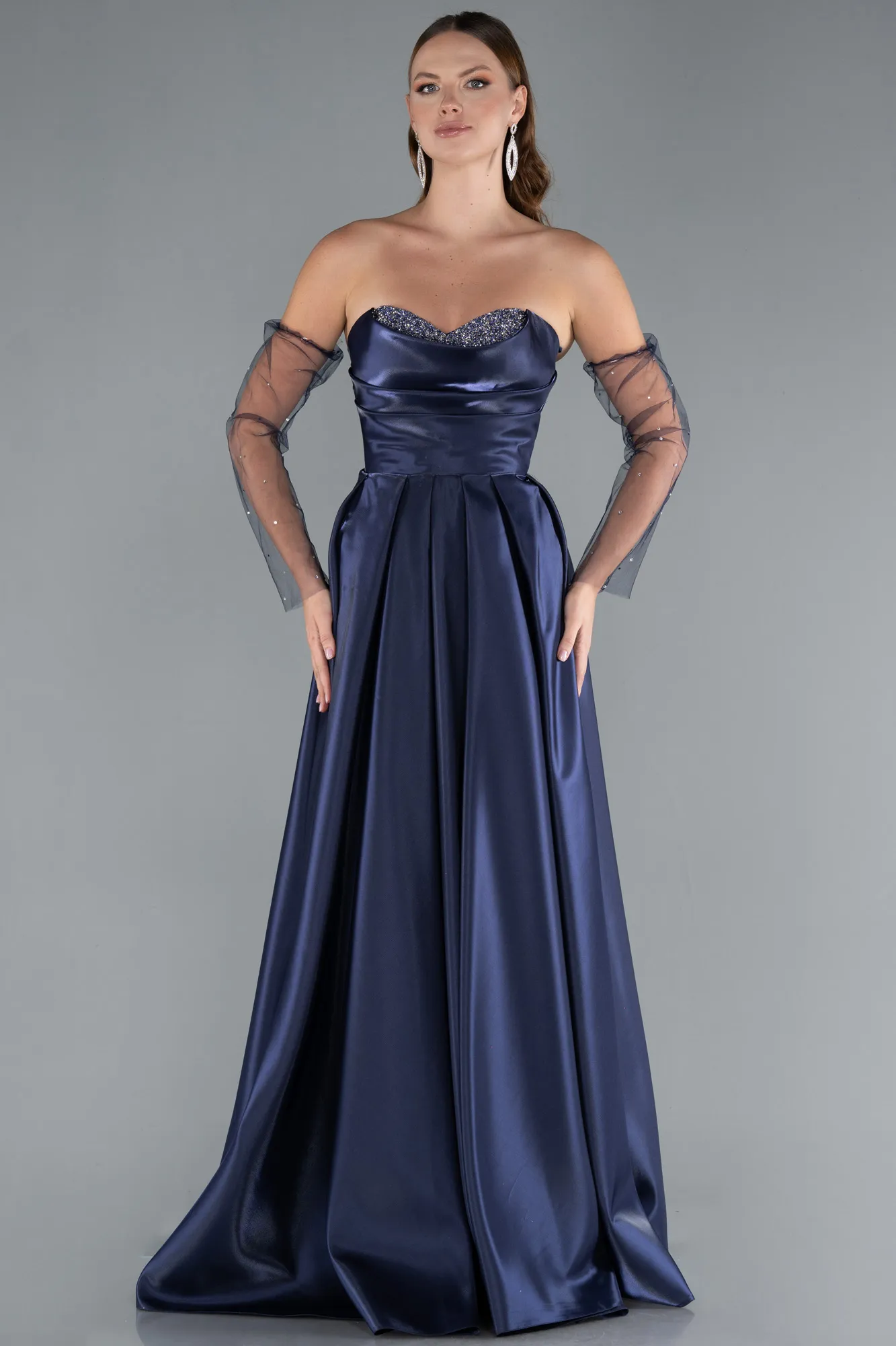 Navy Blue-Stoned Strapless Sleeve Accessory Long Taffeta Evening Dress ABU4846
