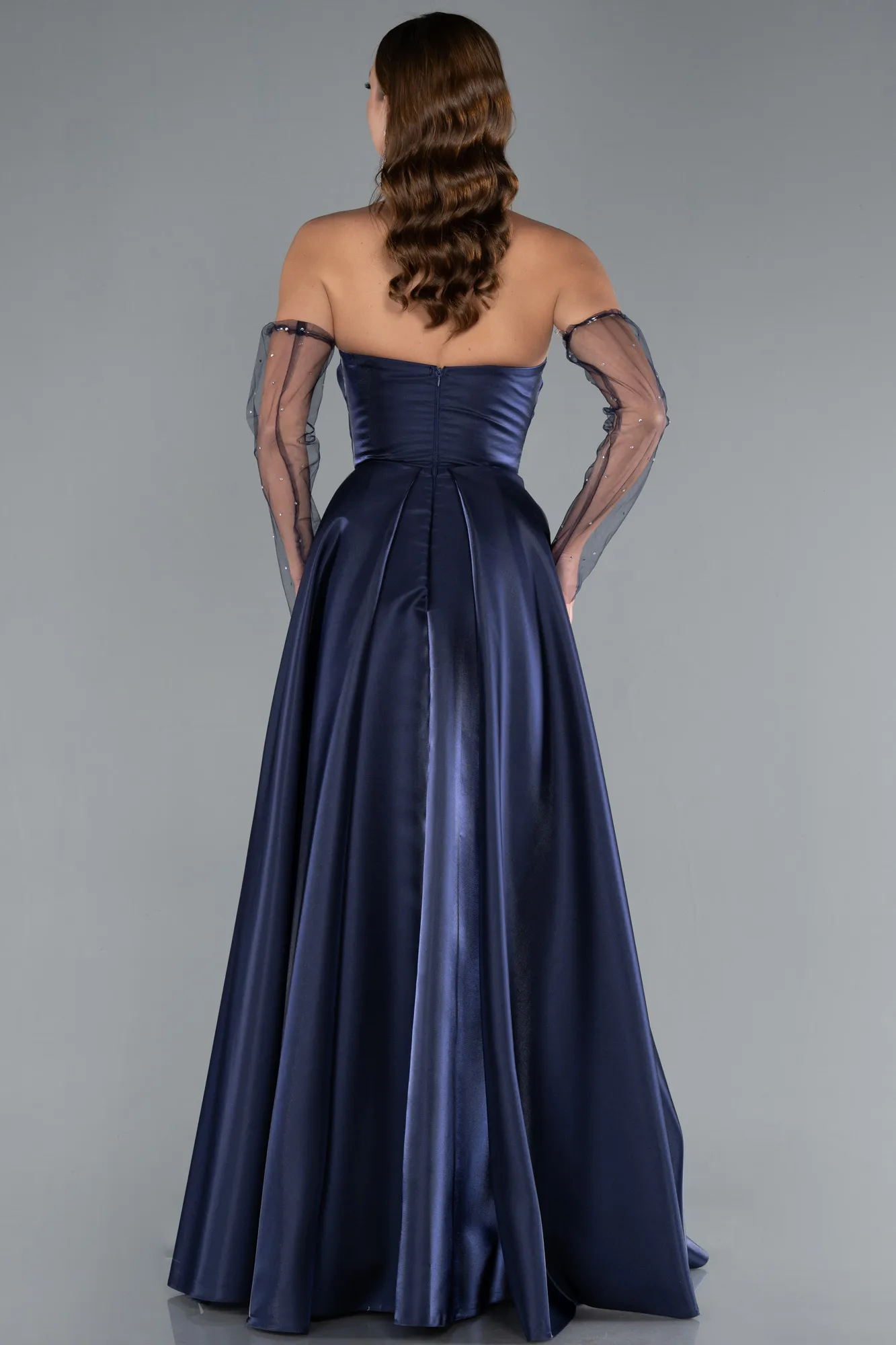 Navy Blue-Stoned Strapless Sleeve Accessory Long Taffeta Evening Dress ABU4846