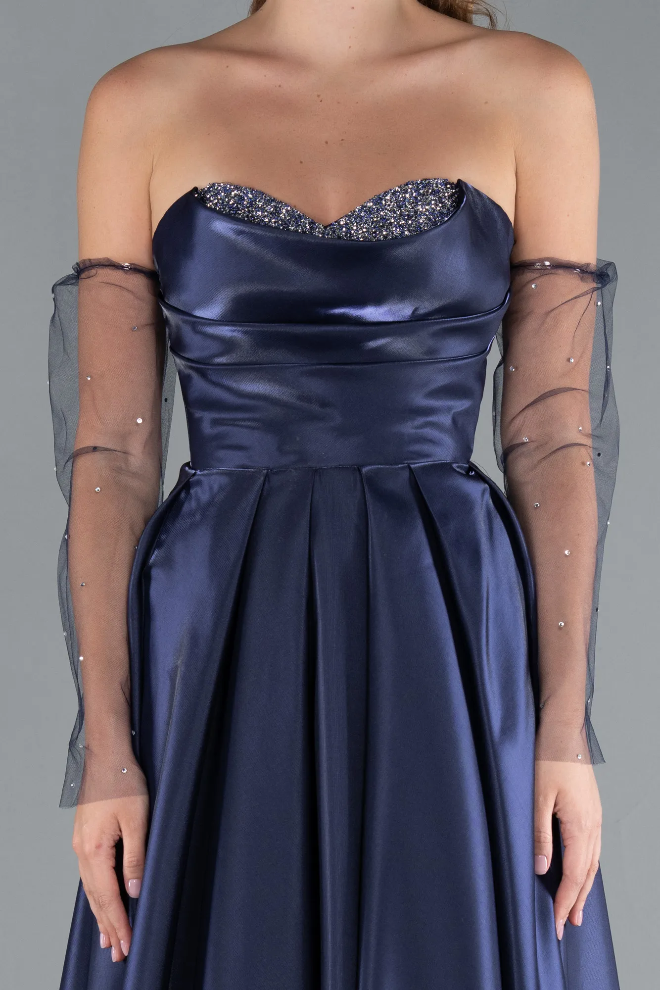Navy Blue-Stoned Strapless Sleeve Accessory Long Taffeta Evening Dress ABU4846