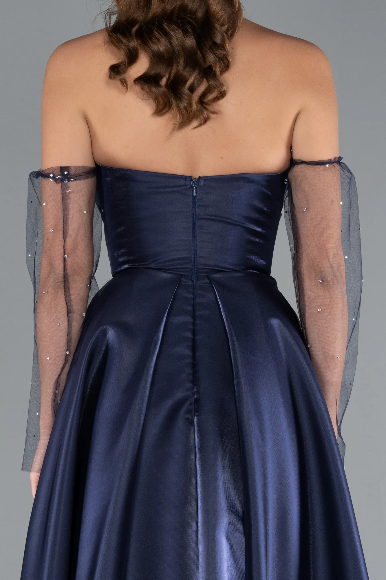 Navy Blue-Stoned Strapless Sleeve Accessory Long Taffeta Evening Dress ABU4846