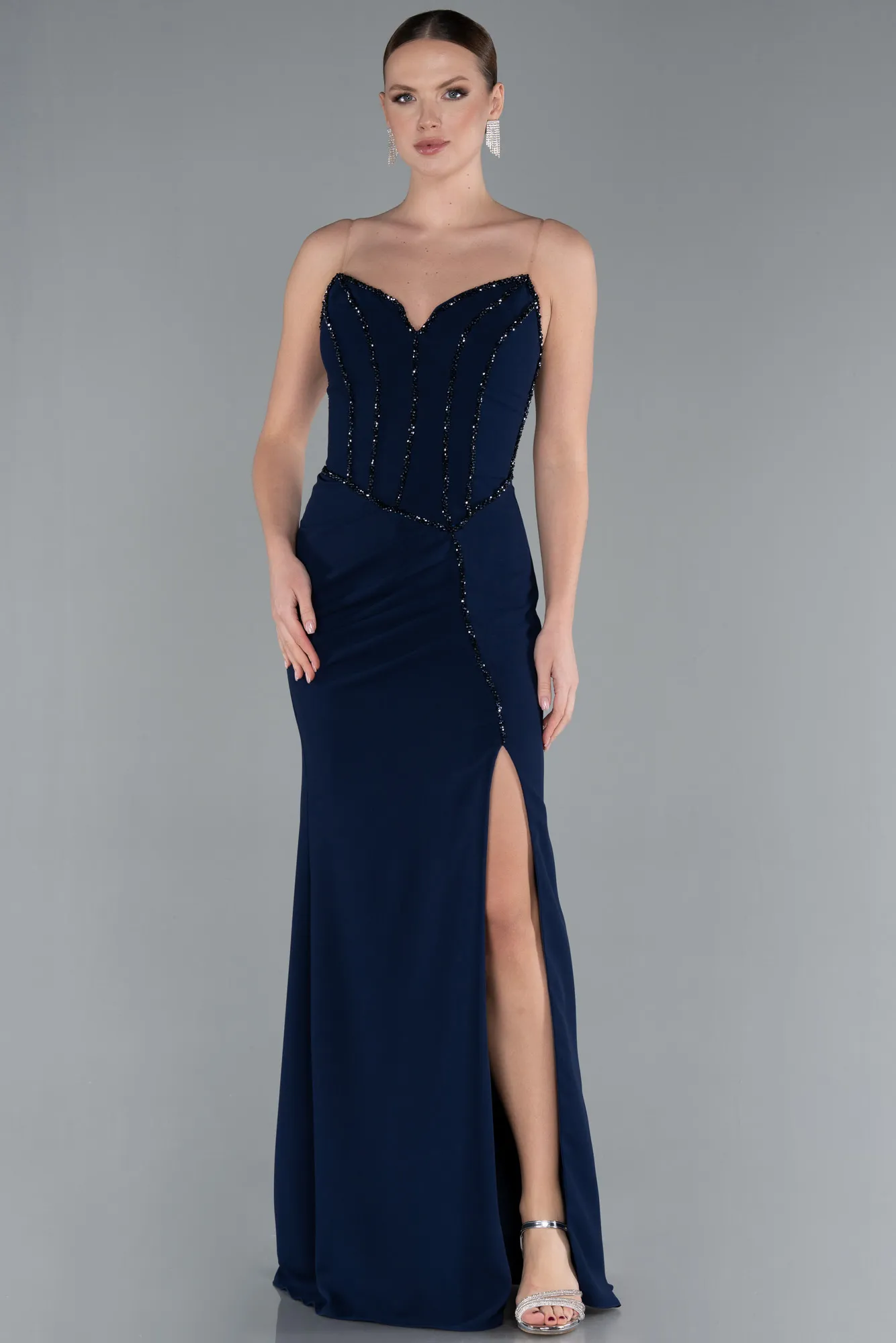 Navy Blue-Stoned Strapless Slit Long Prom Gown ABU4693