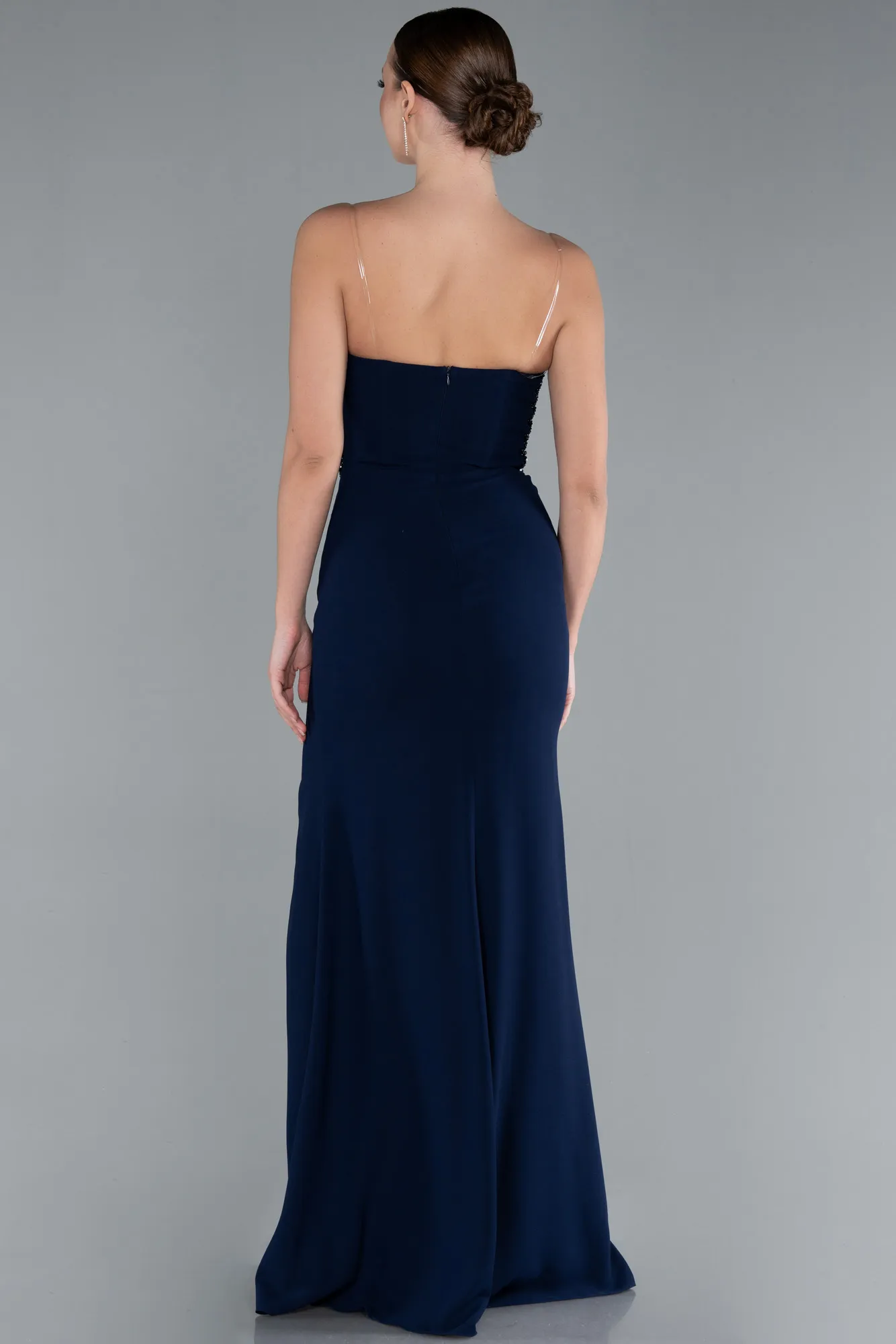 Navy Blue-Stoned Strapless Slit Long Prom Gown ABU4693