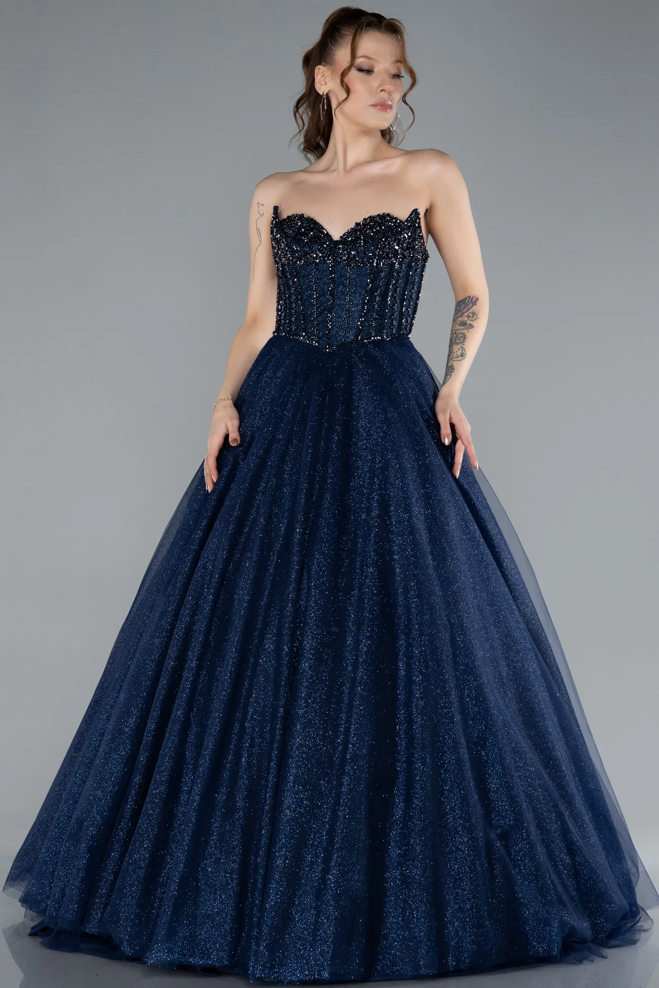 Navy Blue-Stoned Strapless Underwire Long Silvery Ball Gown ABU4689