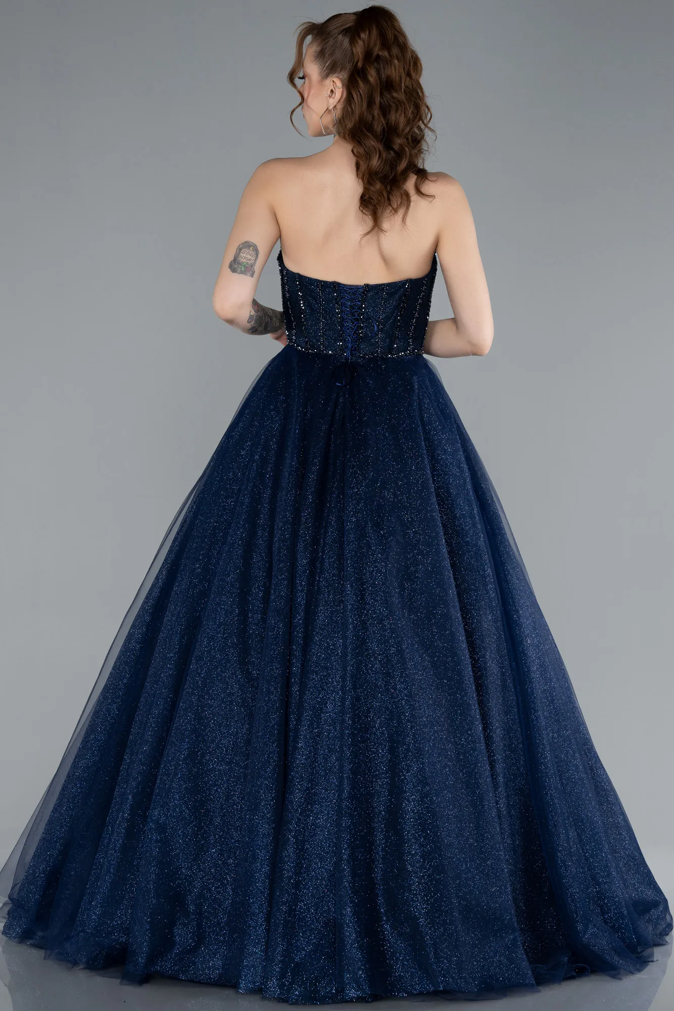 Navy Blue-Stoned Strapless Underwire Long Silvery Ball Gown ABU4689