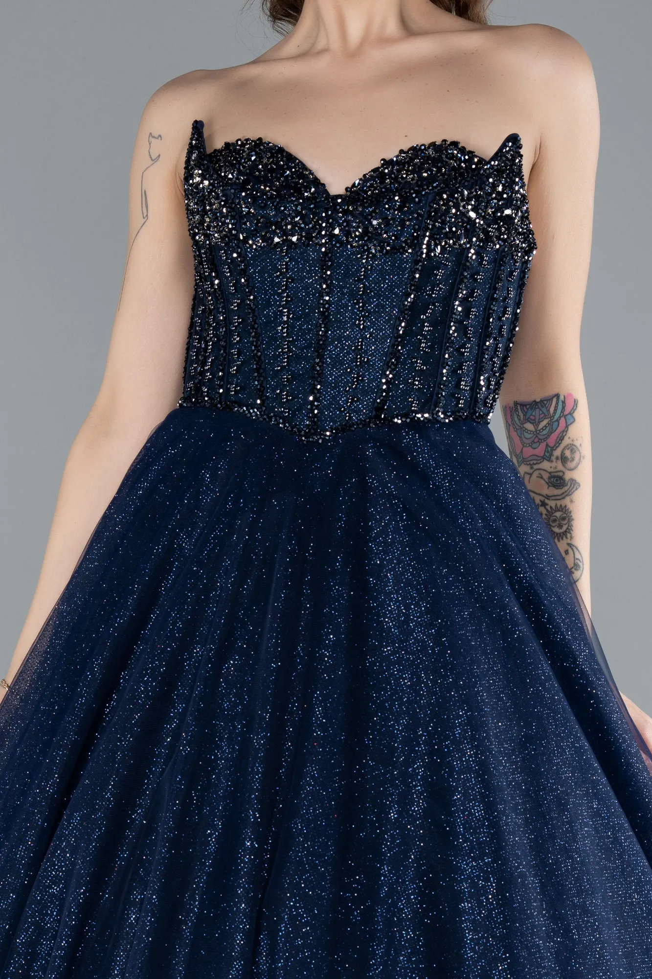 Navy Blue-Stoned Strapless Underwire Long Silvery Ball Gown ABU4689