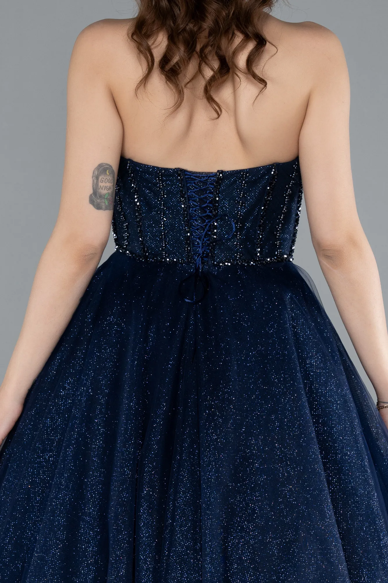 Navy Blue-Stoned Strapless Underwire Long Silvery Ball Gown ABU4689