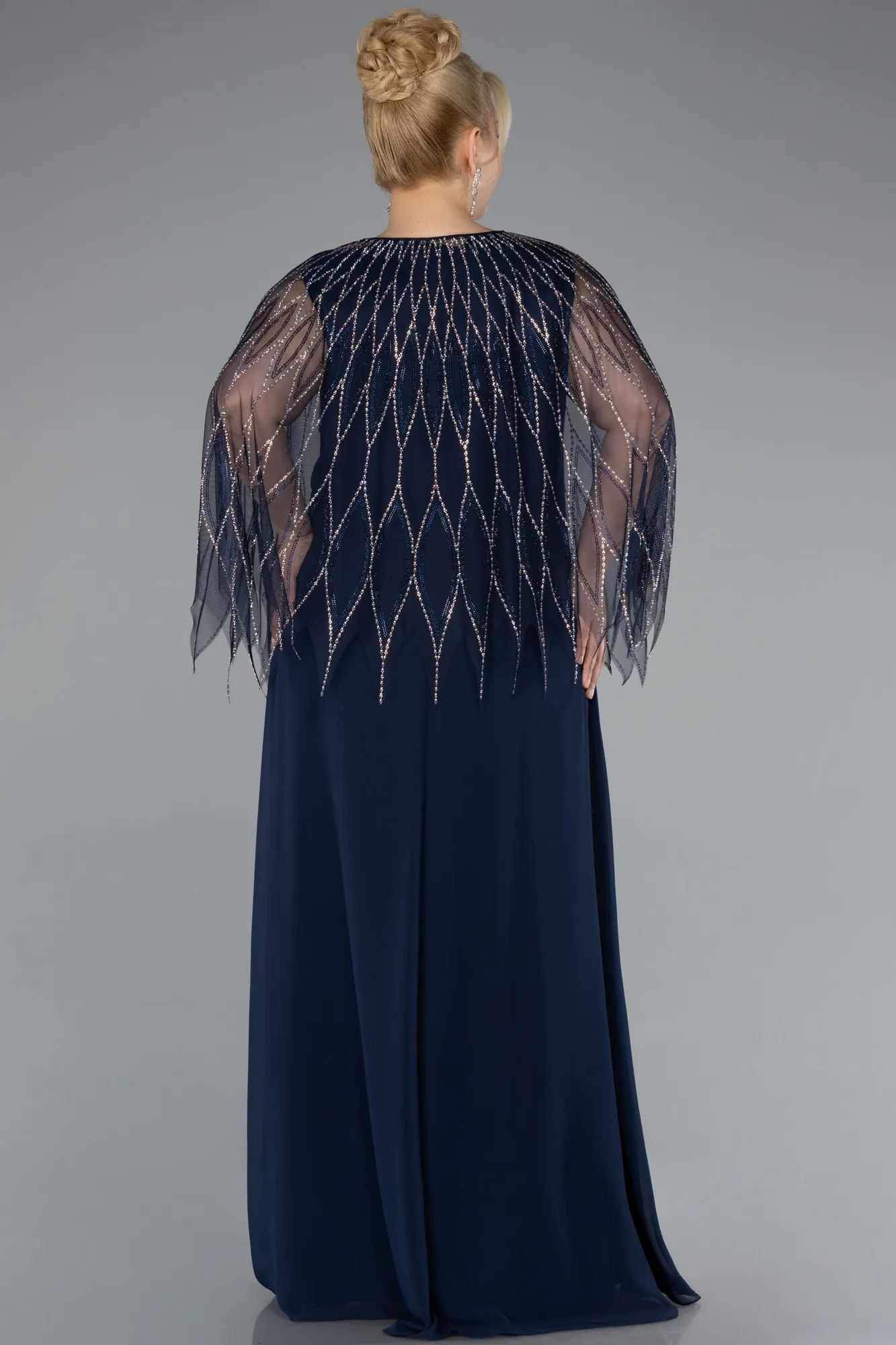 Navy Blue-Stones On Top Two Piece Long Plus Size Evening Gown ABU4888