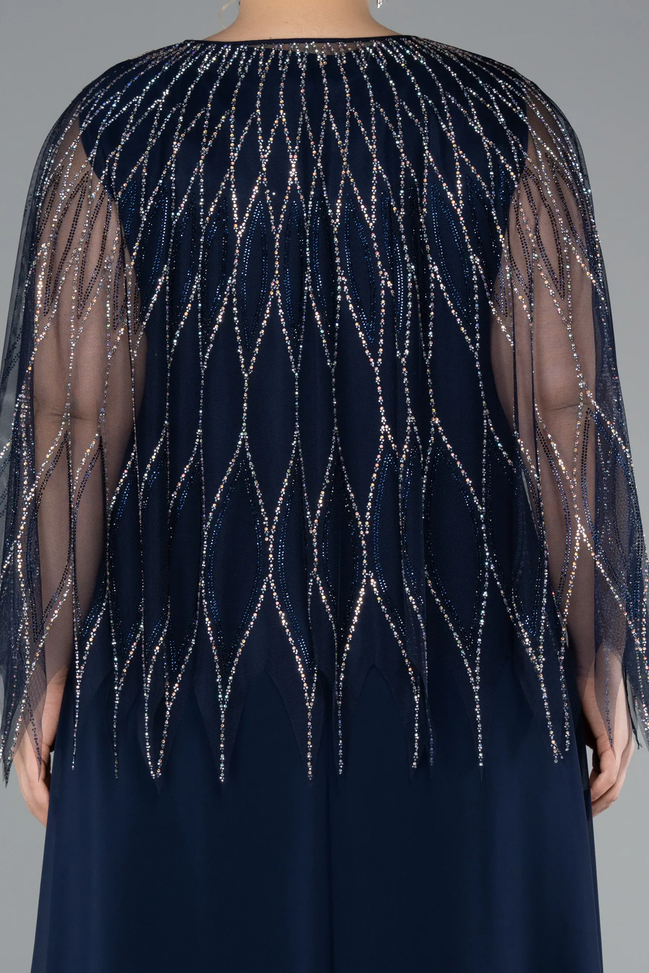 Navy Blue-Stones On Top Two Piece Long Plus Size Evening Gown ABU4888