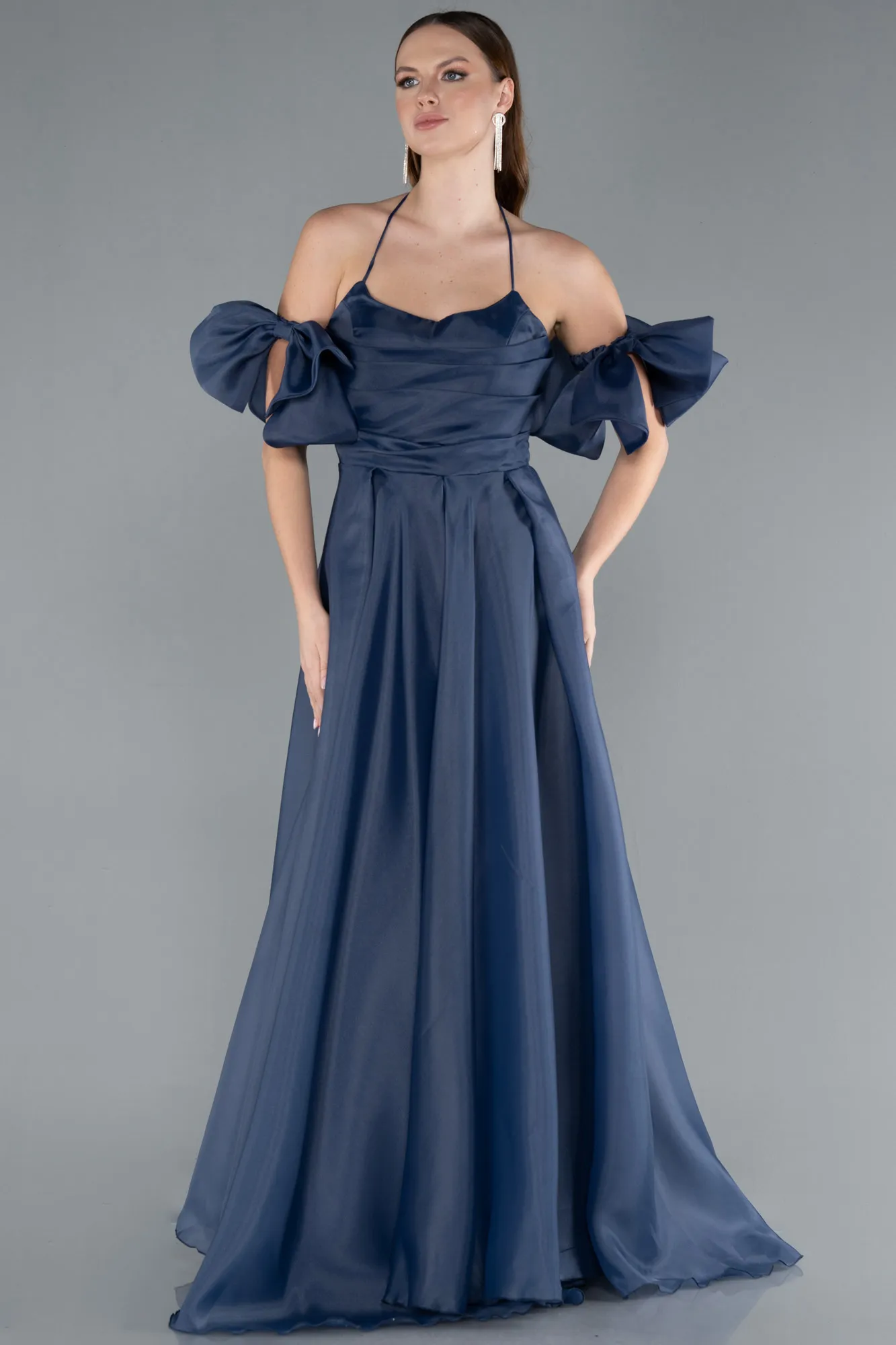Navy Blue-Strap Puff Sleeve Detail Long Prom Dress ABU4773
