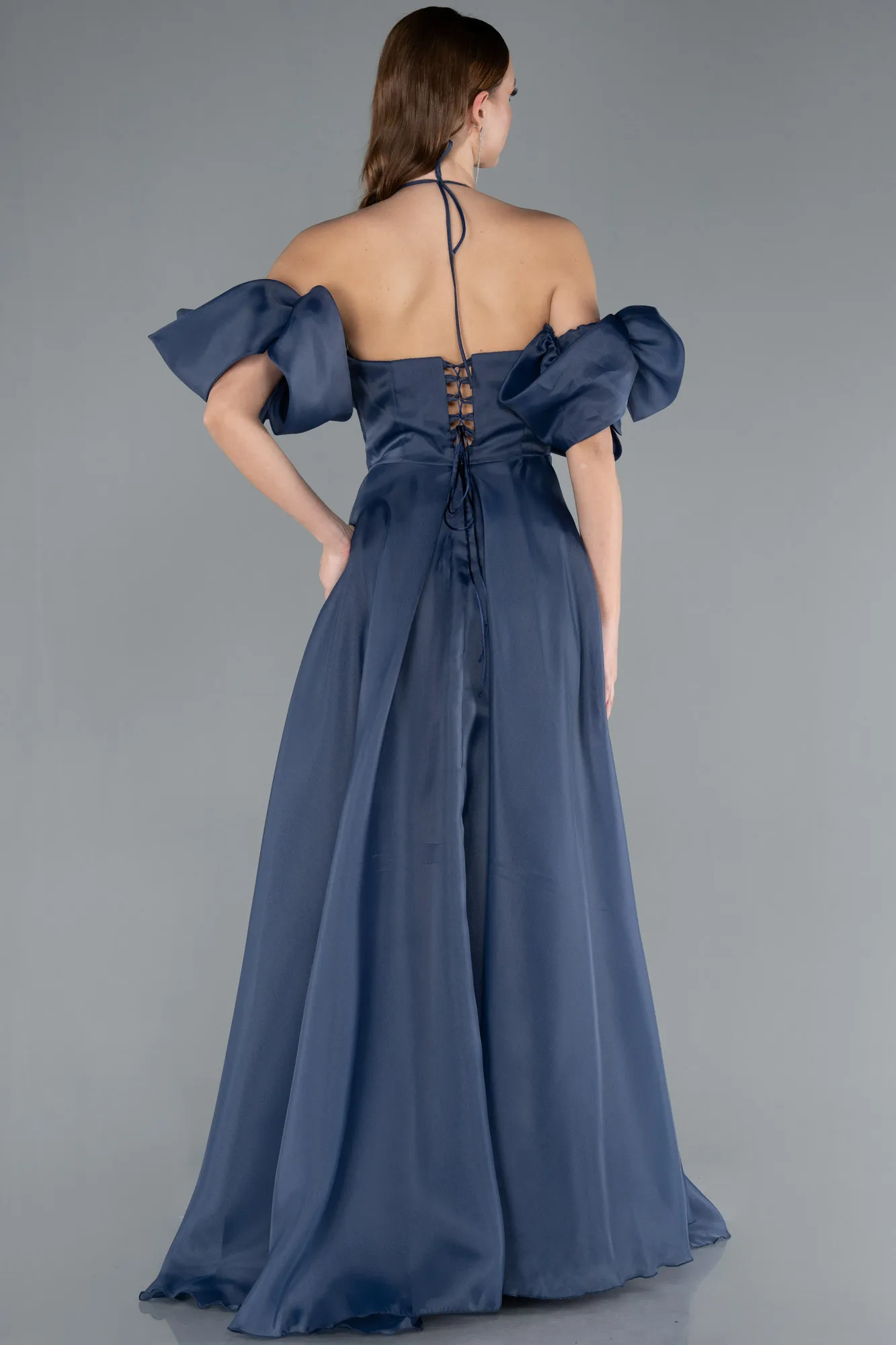 Navy Blue-Strap Puff Sleeve Detail Long Prom Dress ABU4773