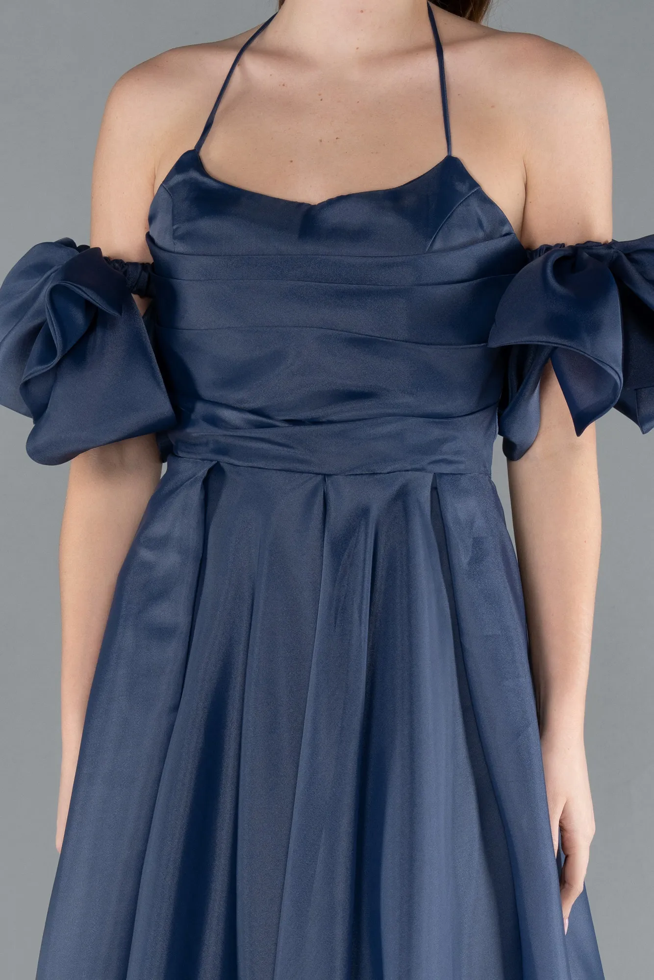 Navy Blue-Strap Puff Sleeve Detail Long Prom Dress ABU4773