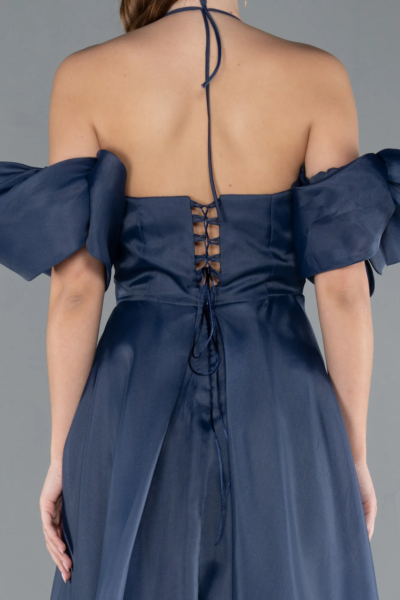 Navy Blue-Strap Puff Sleeve Detail Long Prom Dress ABU4773