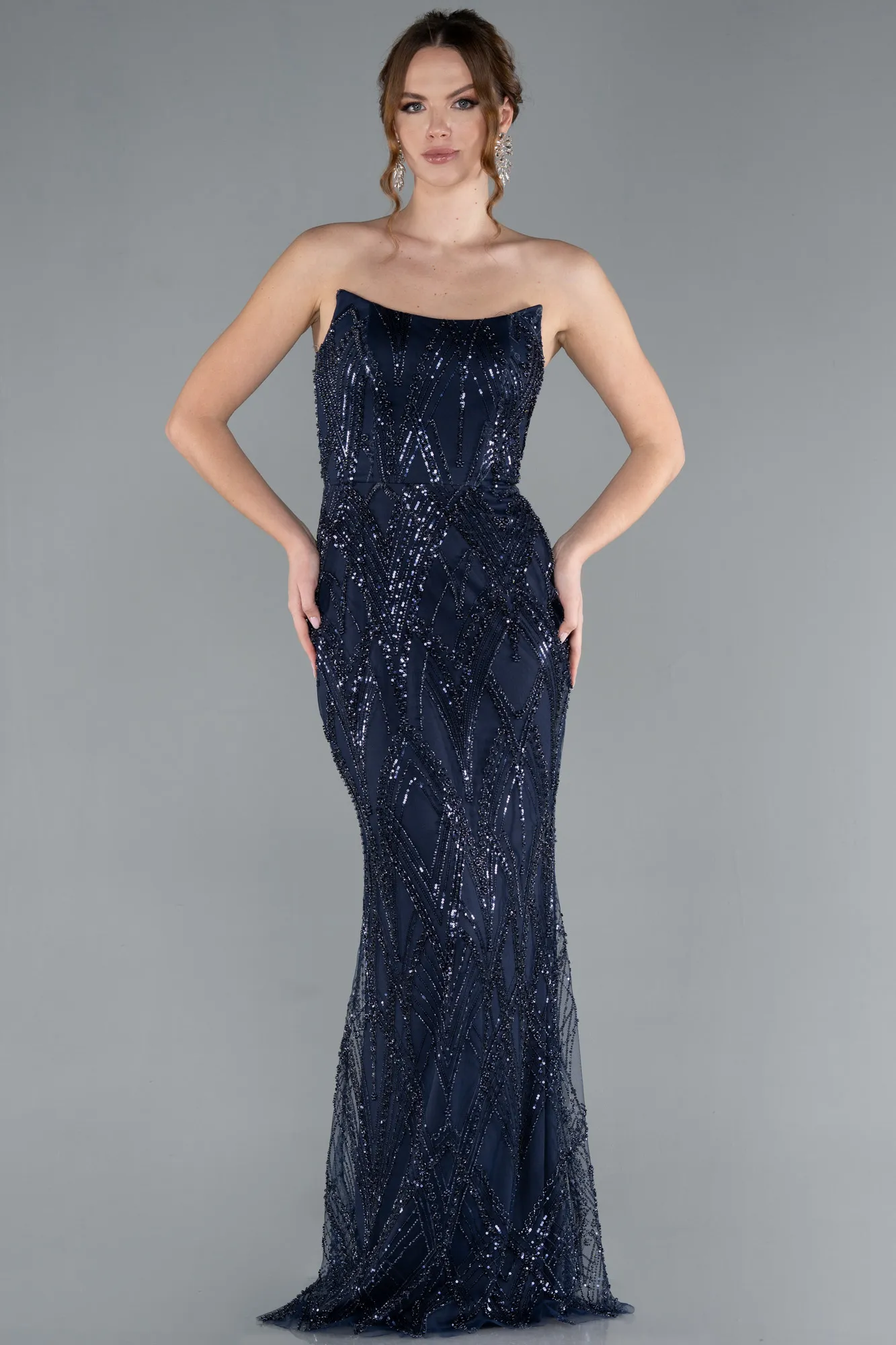 Navy Blue-Strapless Beaded Long Evening Gown ABU4775