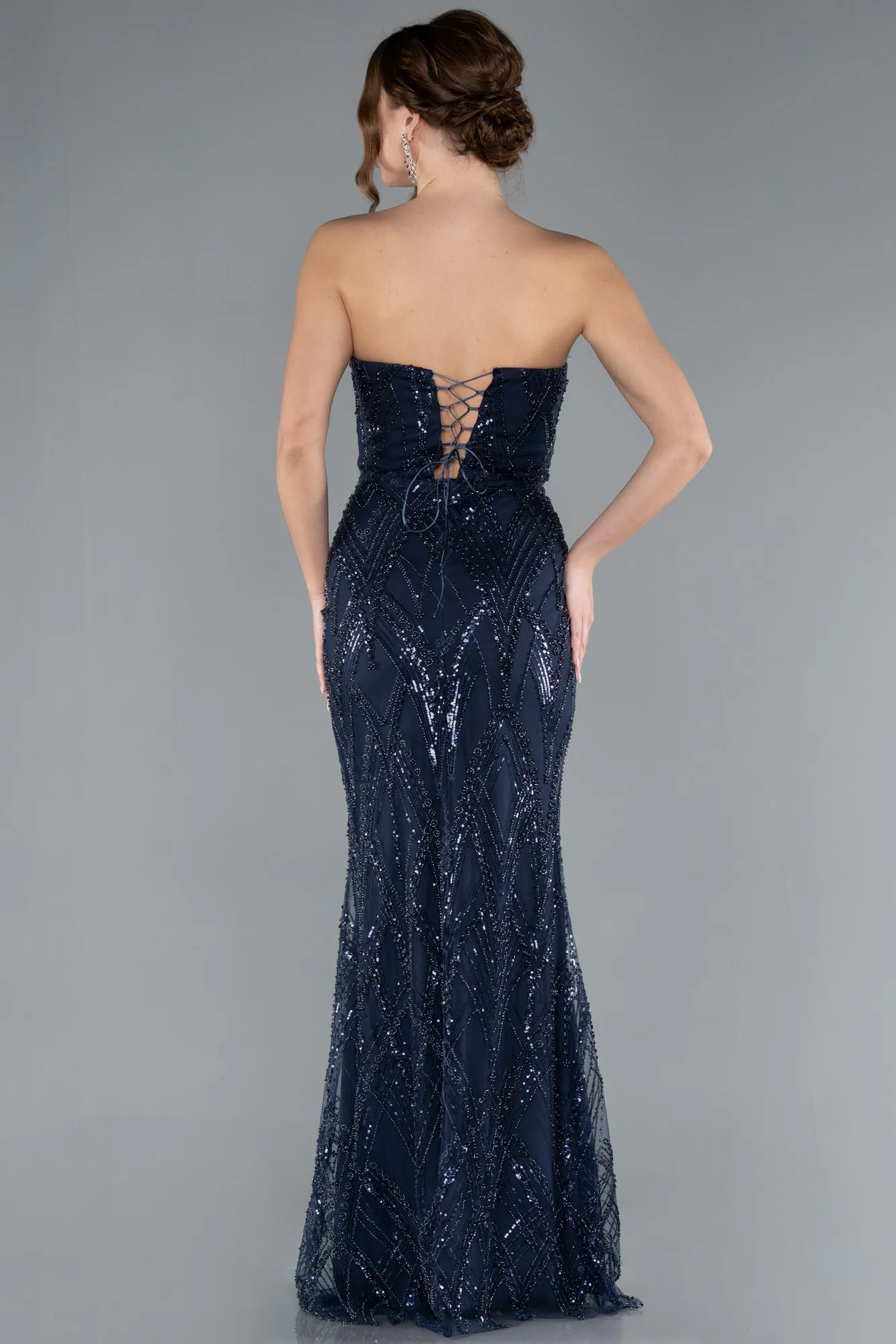 Navy Blue-Strapless Beaded Long Evening Gown ABU4775