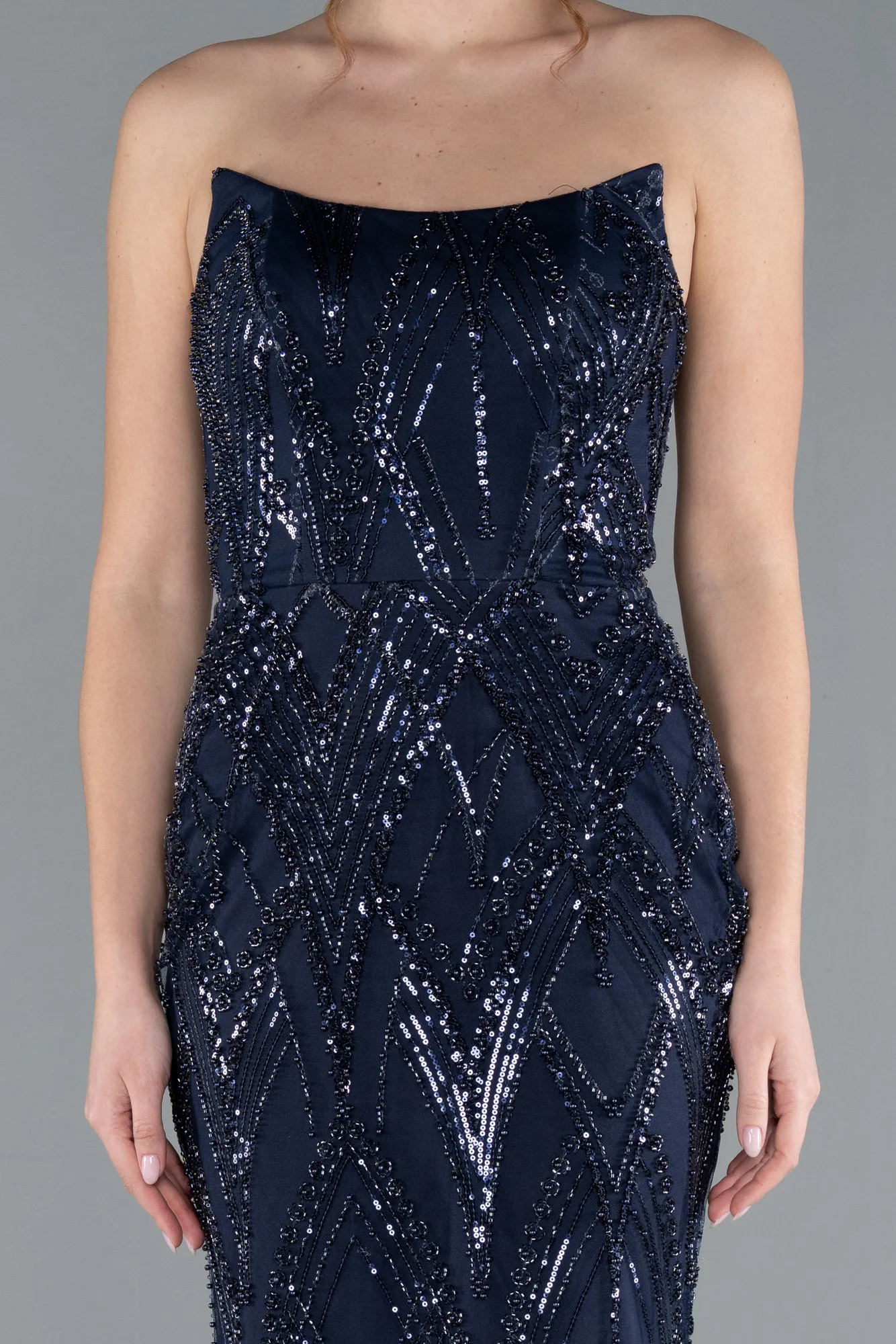 Navy Blue-Strapless Beaded Long Evening Gown ABU4775