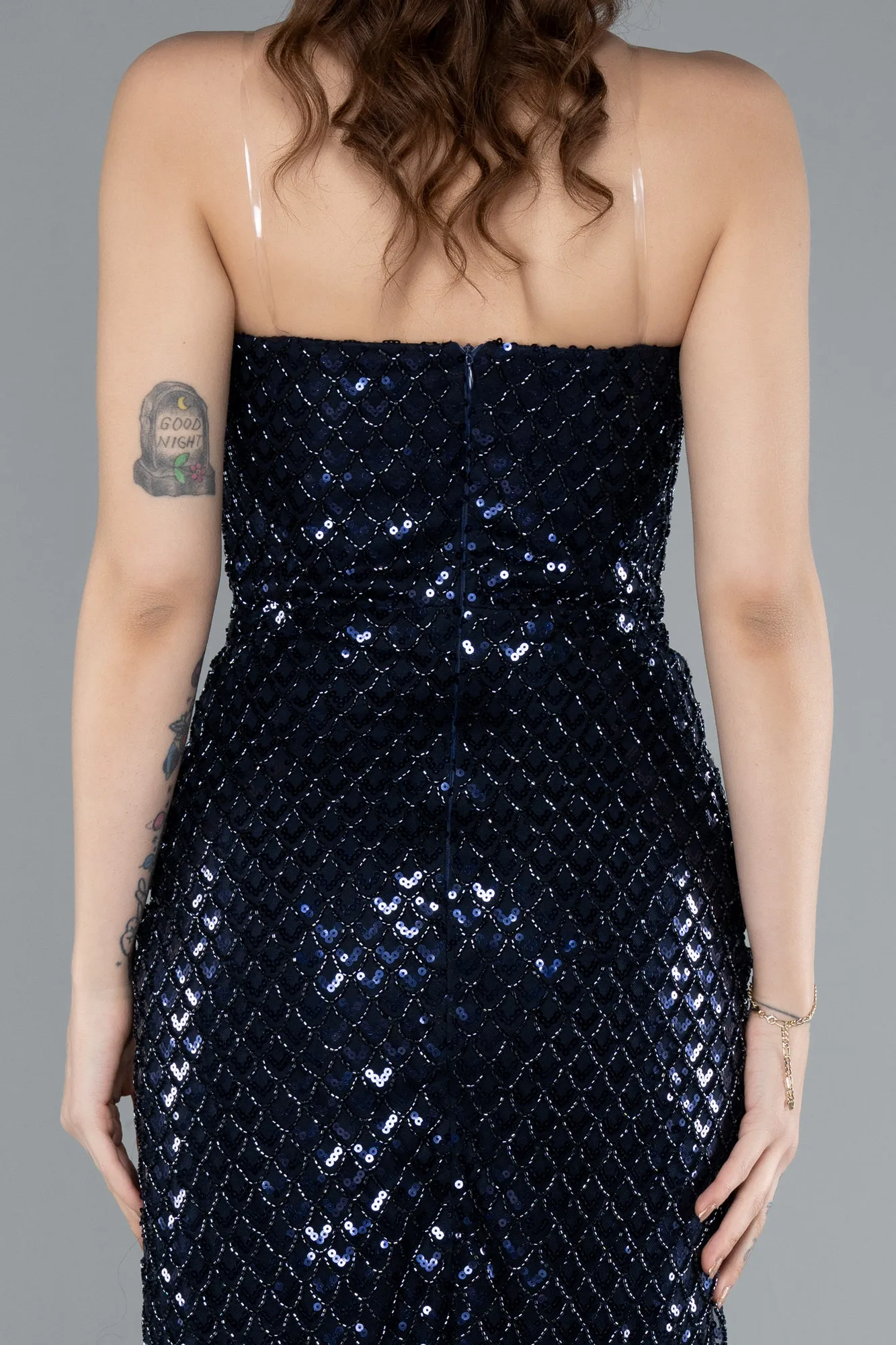 Navy Blue-Strapless Beaded Midi Cocktail Dress ABK2260